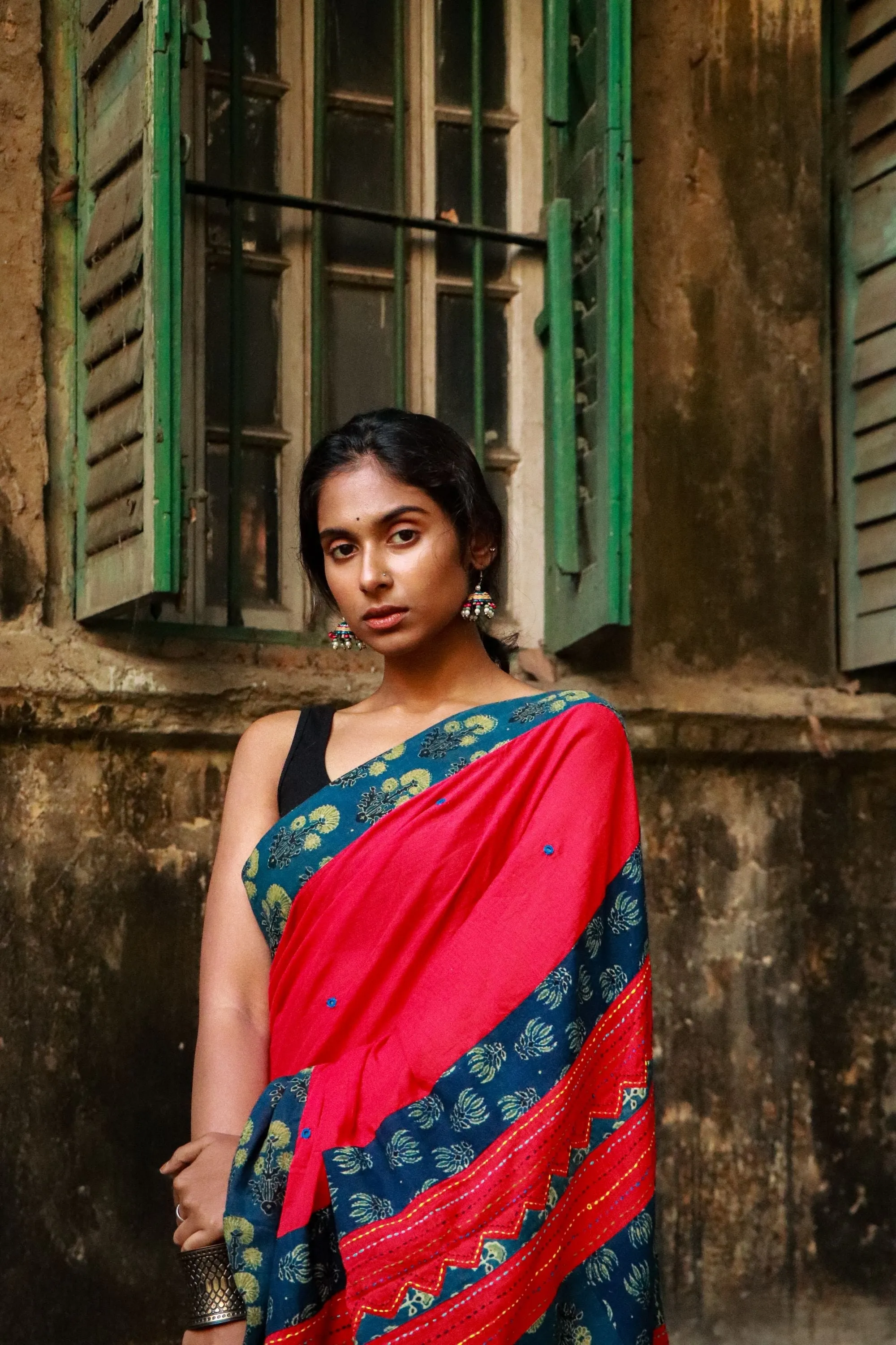 Jharokha -  Blue and Red Ajrakh handblockprinted patchwork Gudri Barmer saree