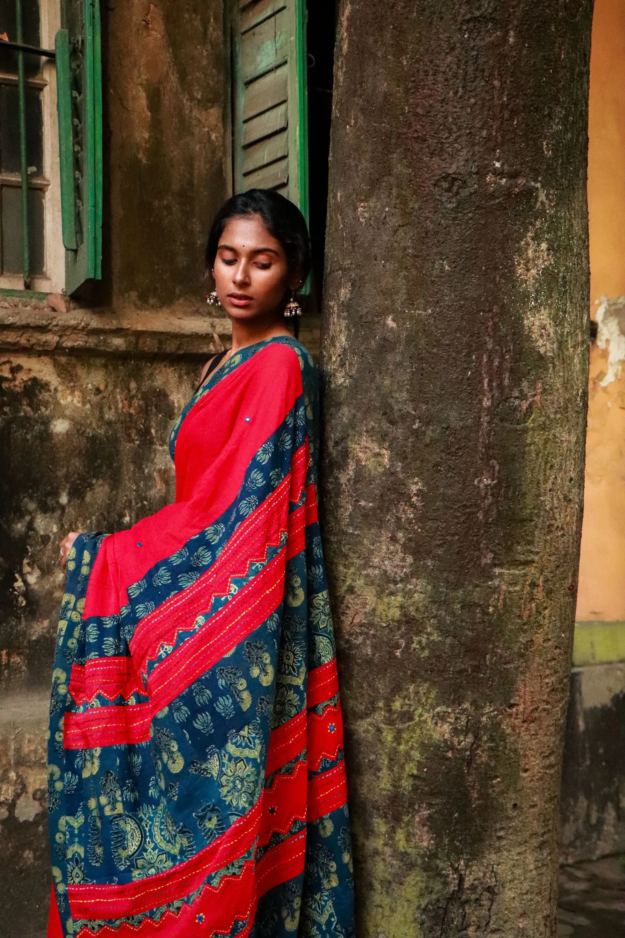 Jharokha -  Blue and Red Ajrakh handblockprinted patchwork Gudri Barmer saree