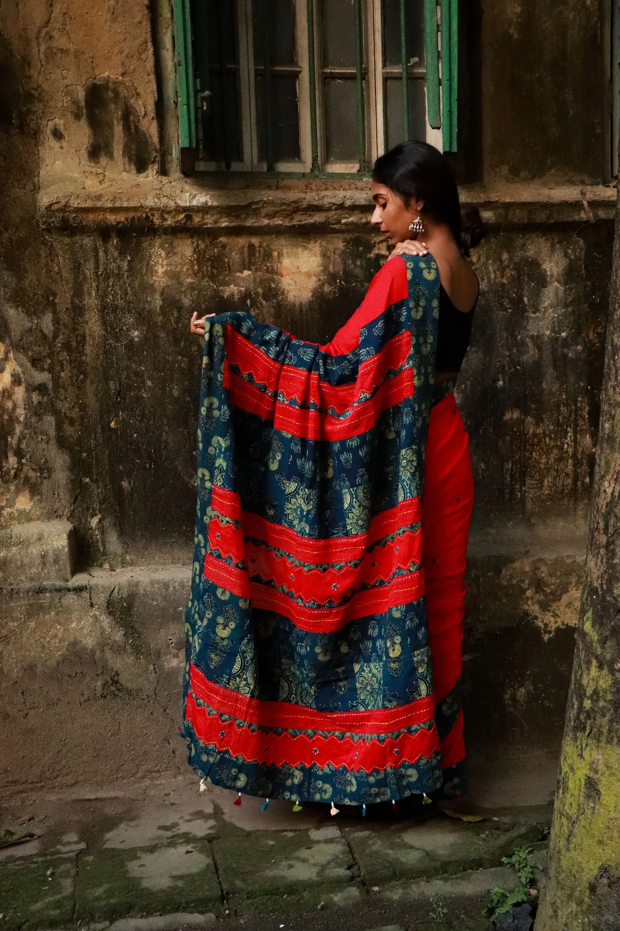 Jharokha -  Blue and Red Ajrakh handblockprinted patchwork Gudri Barmer saree