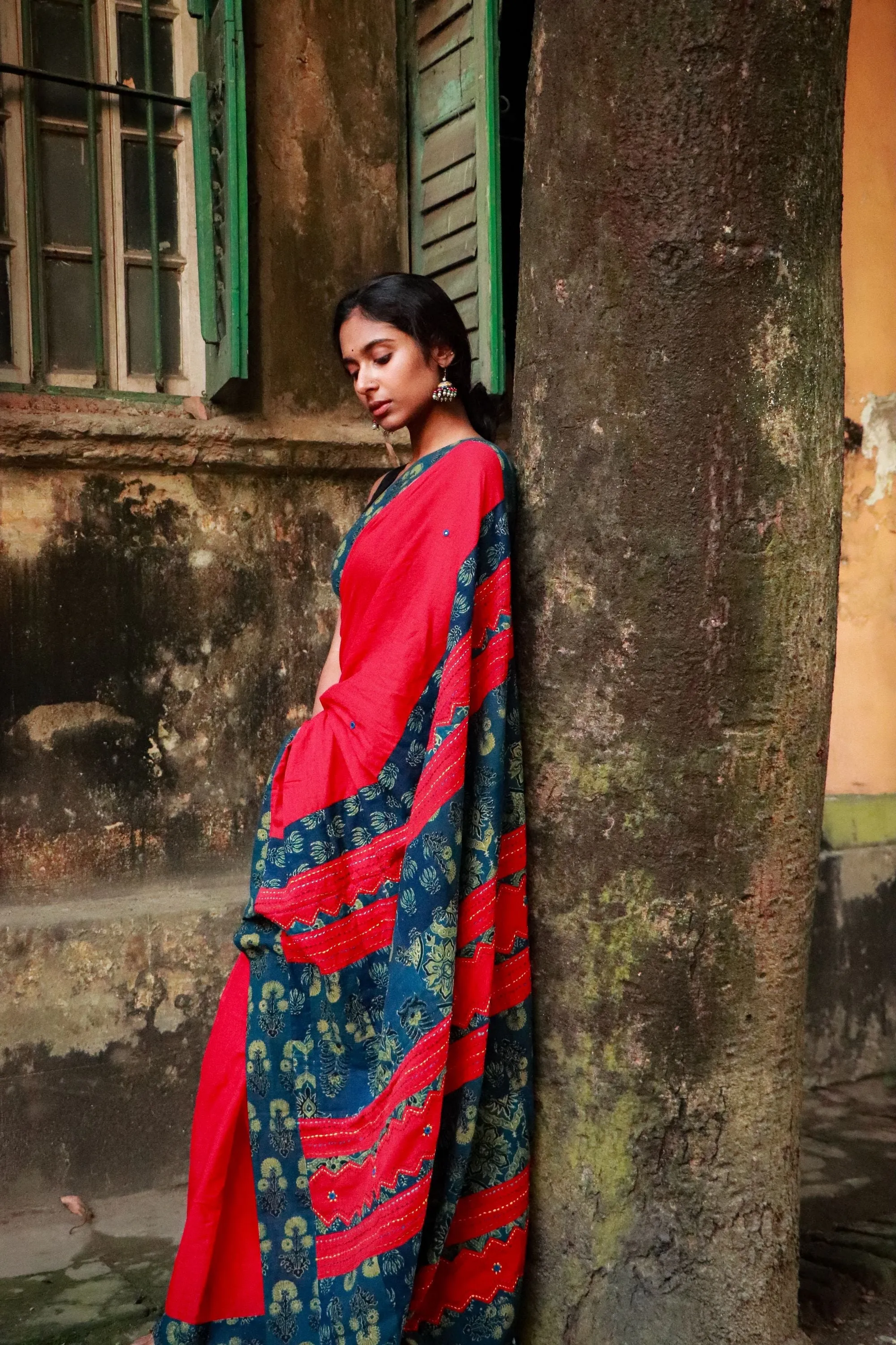 Jharokha -  Blue and Red Ajrakh handblockprinted patchwork Gudri Barmer saree