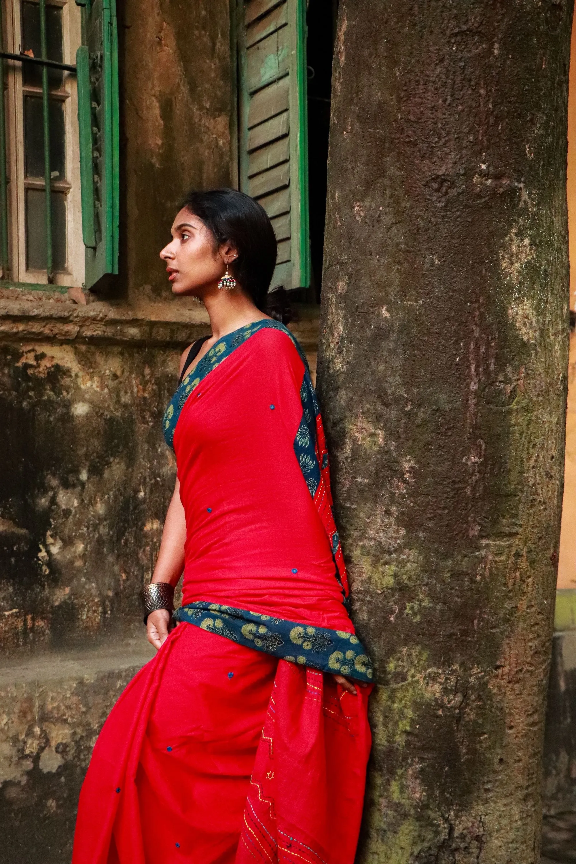 Jharokha -  Blue and Red Ajrakh handblockprinted patchwork Gudri Barmer saree