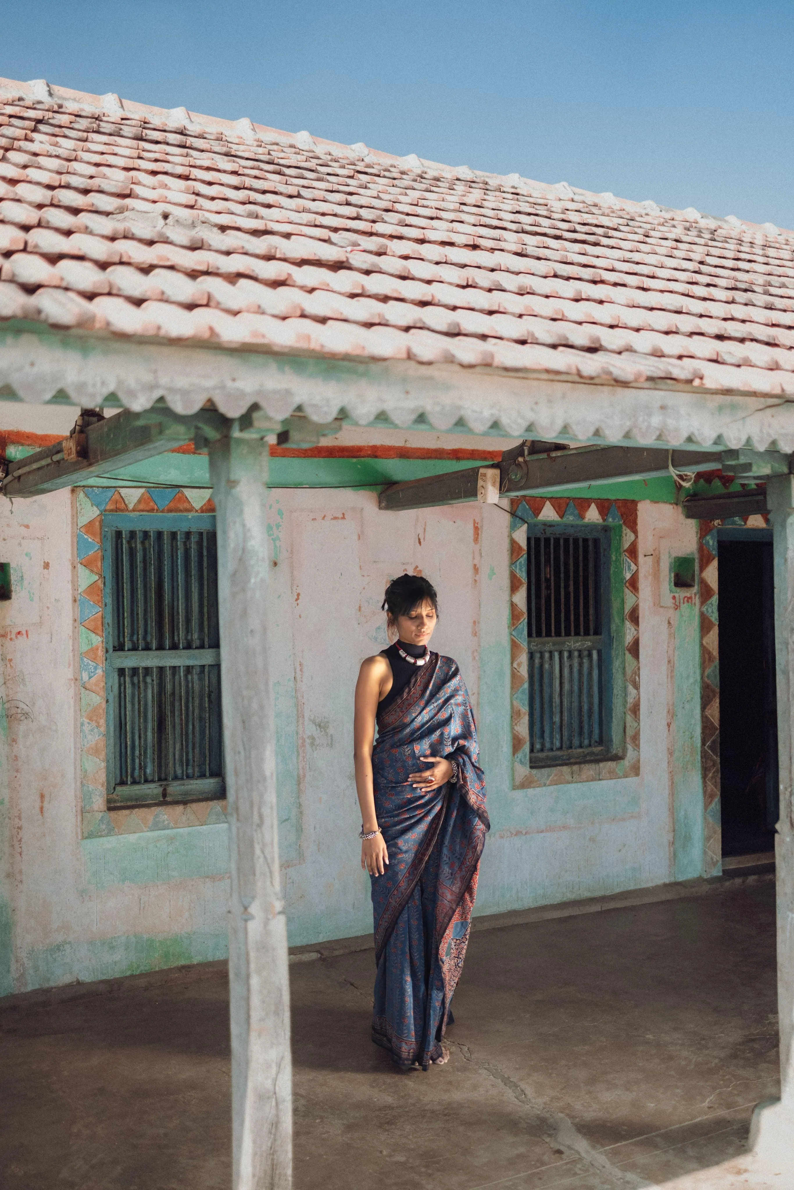 Jharokha -Indigo silk cotton Ajrakh handblockprinted saree