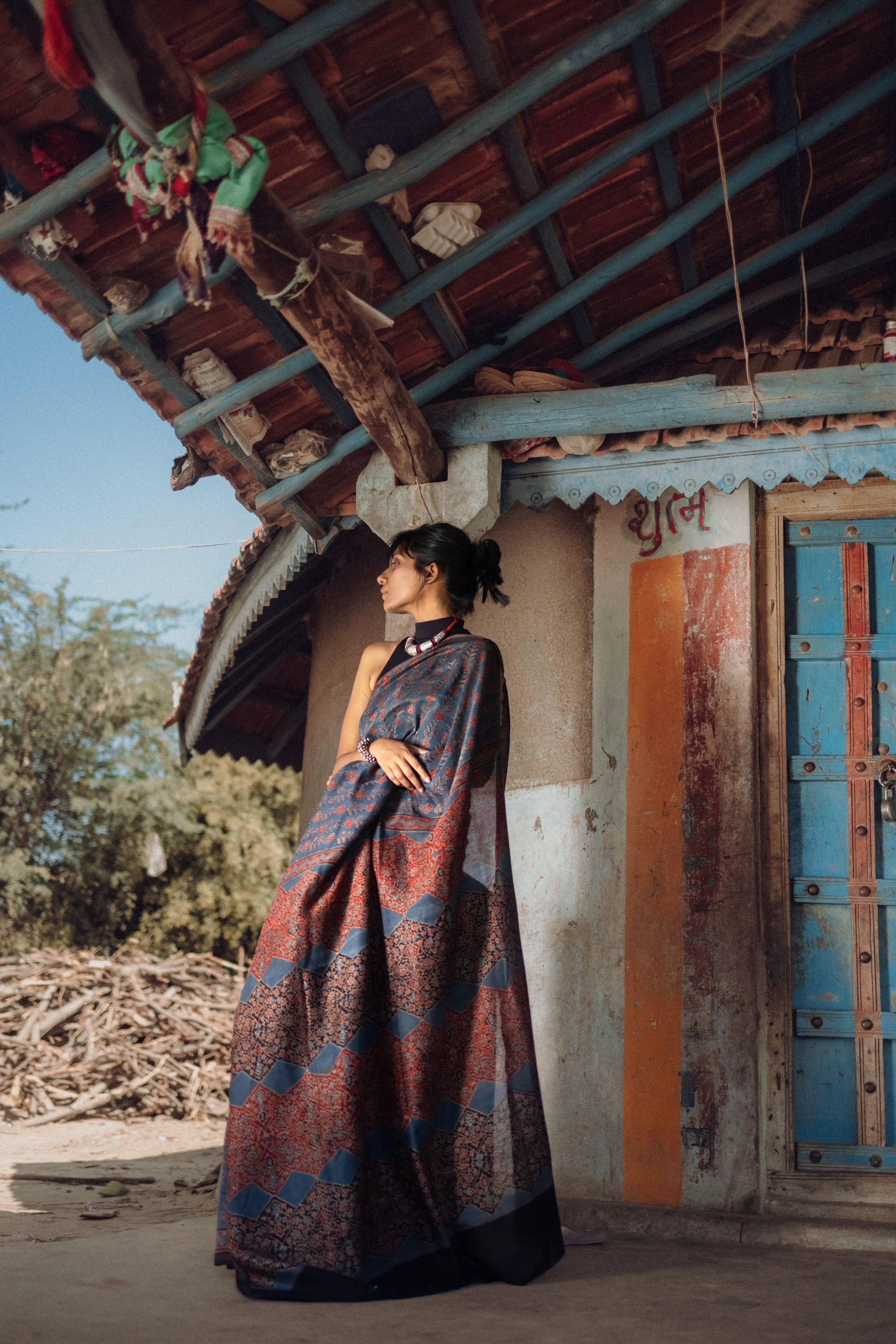 Jharokha -Indigo silk cotton Ajrakh handblockprinted saree