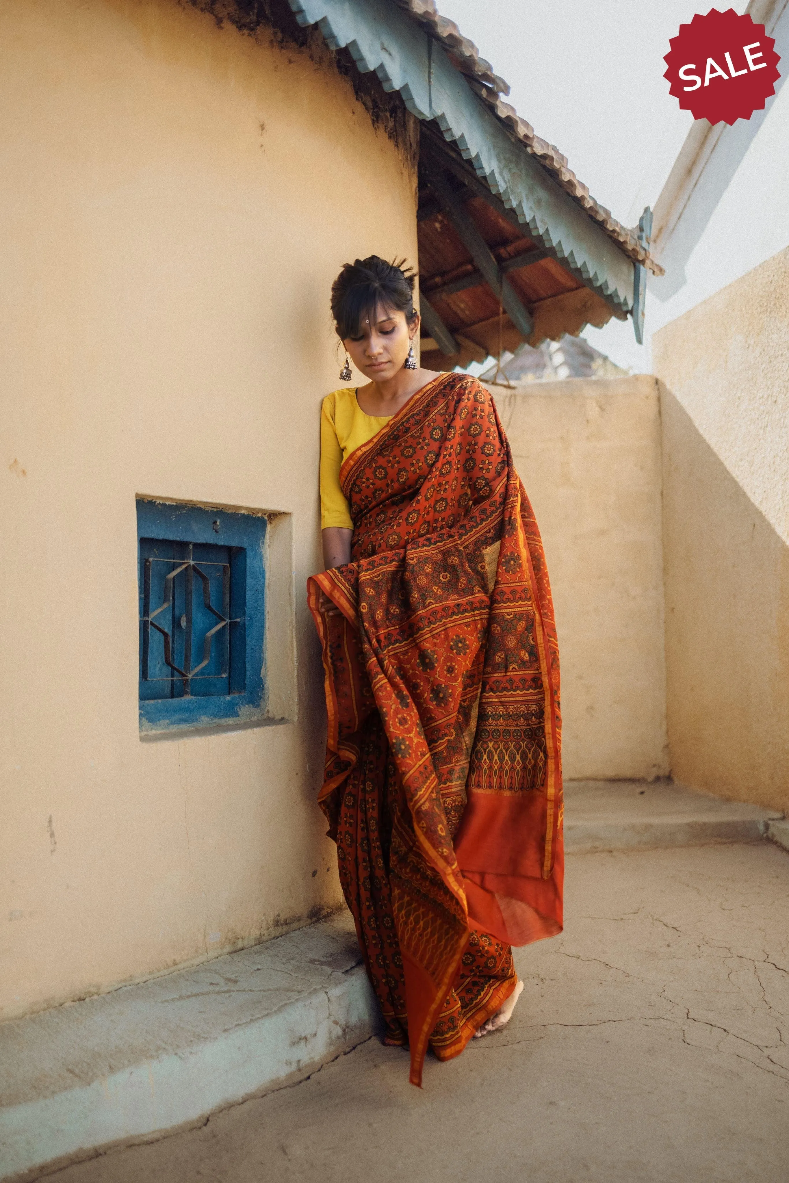 Jharokha -Orange green silk cotton Ajrakh handblockprinted saree