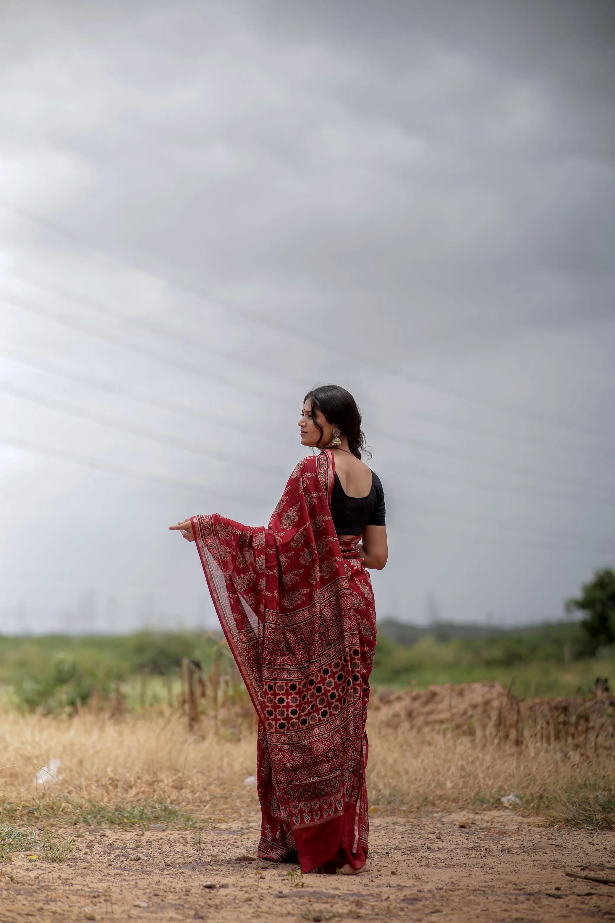 Jharokha -Red Mughal boota floral silk cotton Ajrakh handblockprinted saree