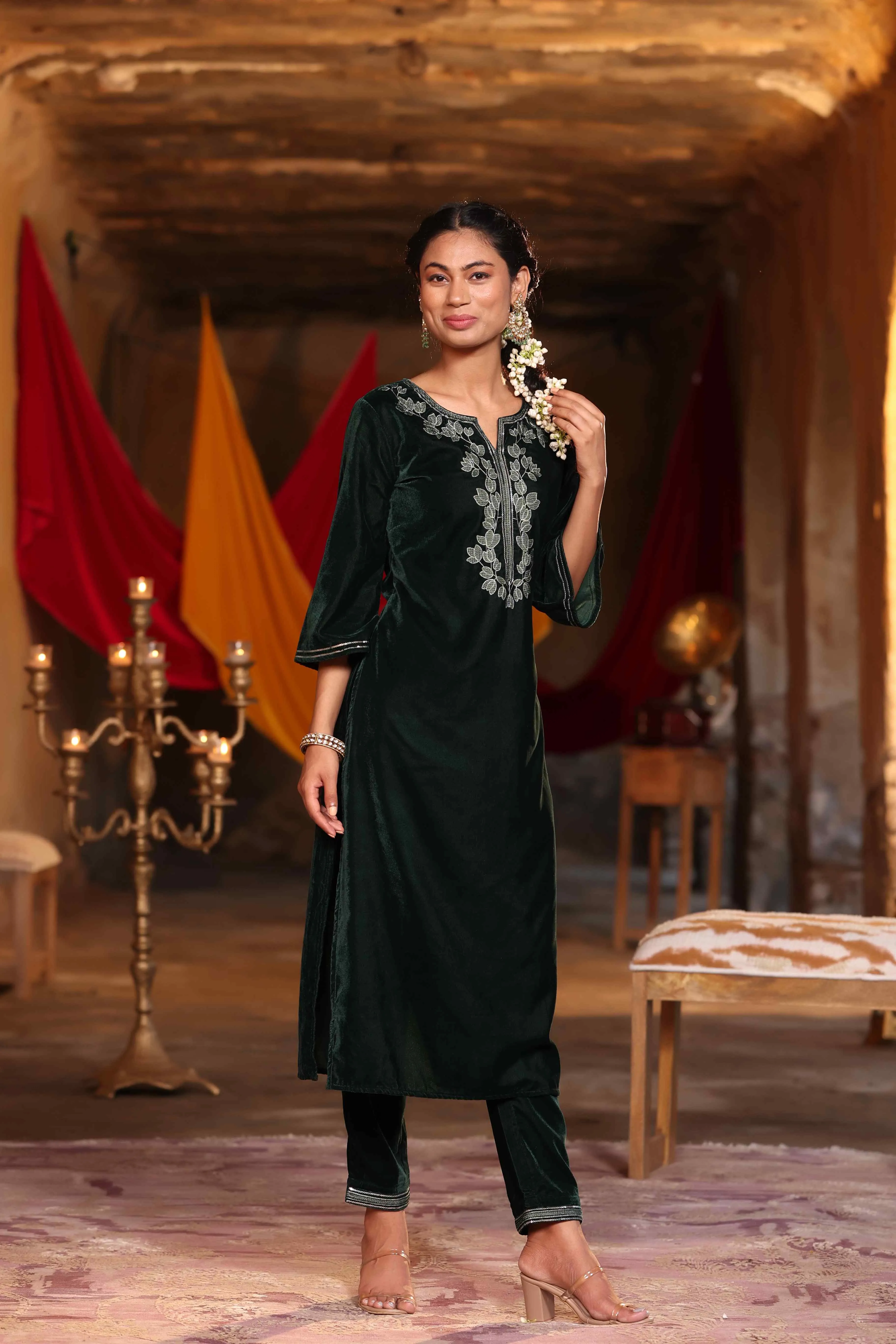 Juniper Jade Green Ethnic Motif Printed Velvet Straight Kurta & Pants Set With Zari Work Embroidery.