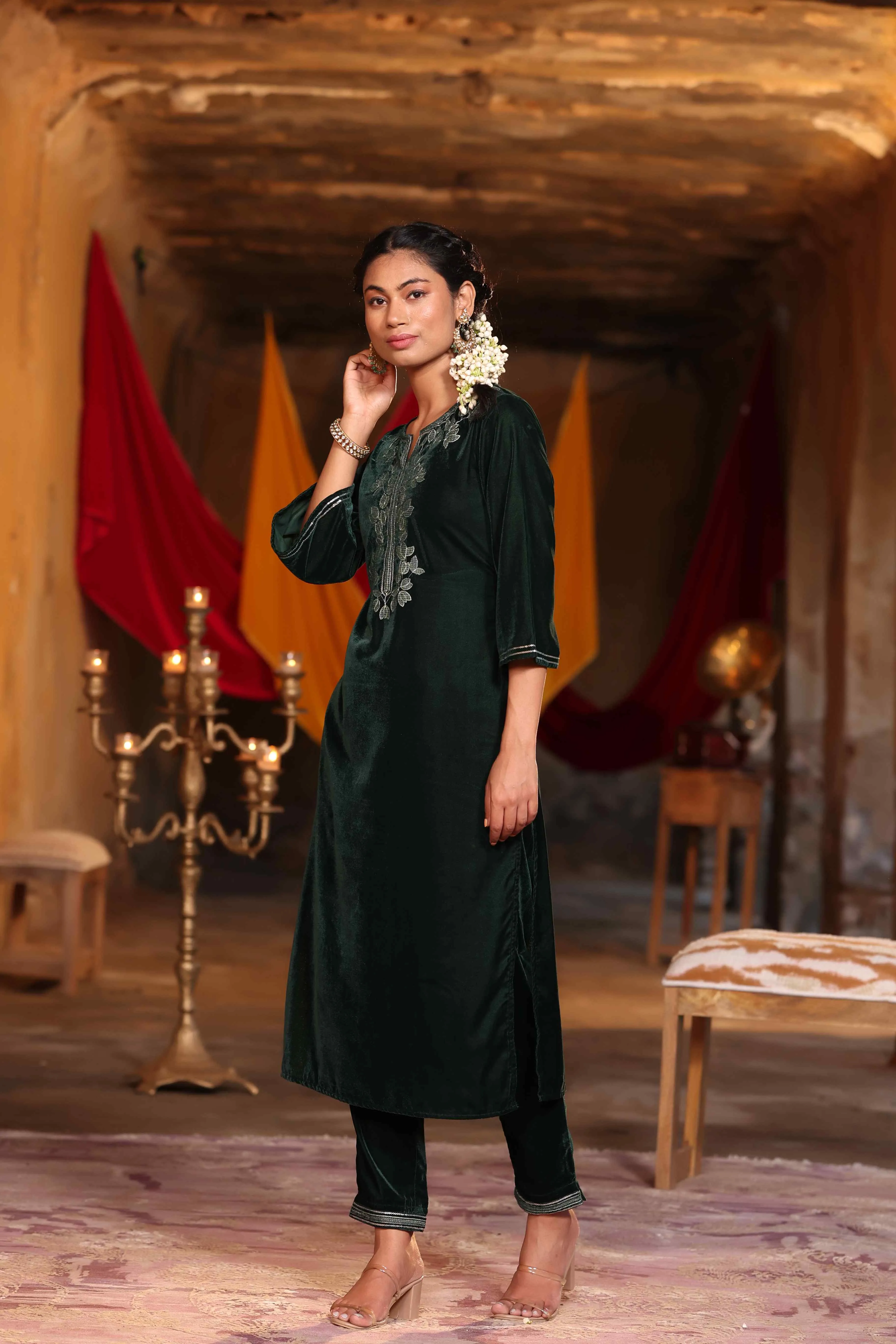 Juniper Jade Green Ethnic Motif Printed Velvet Straight Kurta & Pants Set With Zari Work Embroidery.