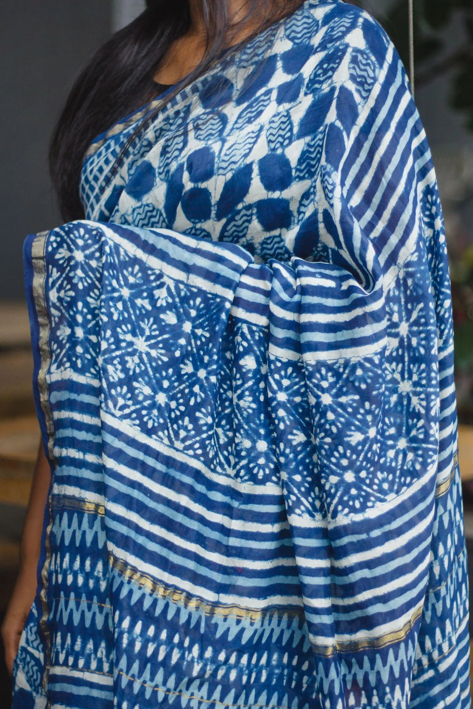 Kaisori Malhar Indigo Dabu leaf saree