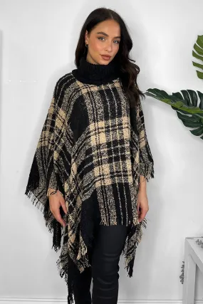 Knitted Large Collar Checked Knitted Poncho