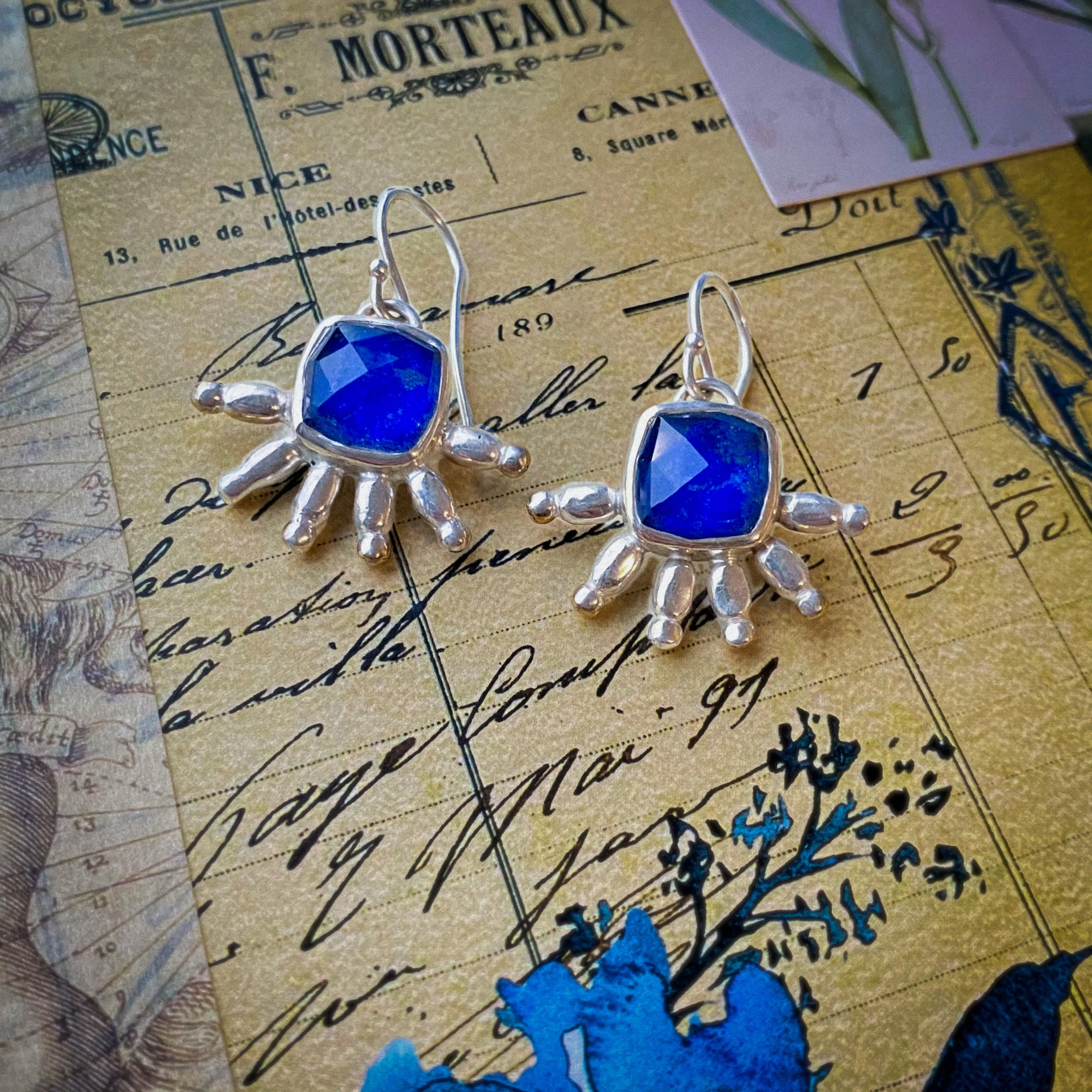 Lapis Lazuli Tribal Dangle Earrings Sterling Silver