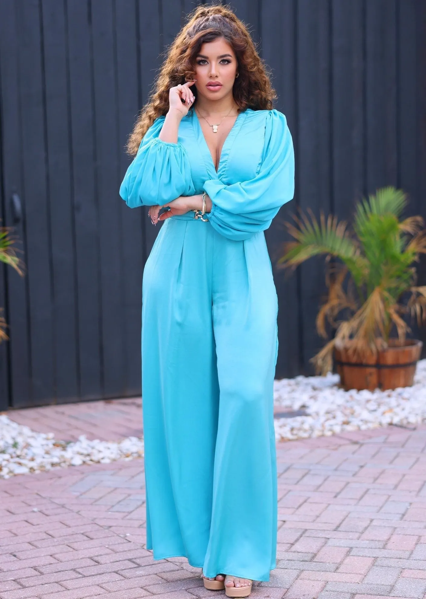 Lenna V Neck Zipper Silky Jumpsuit - Blue