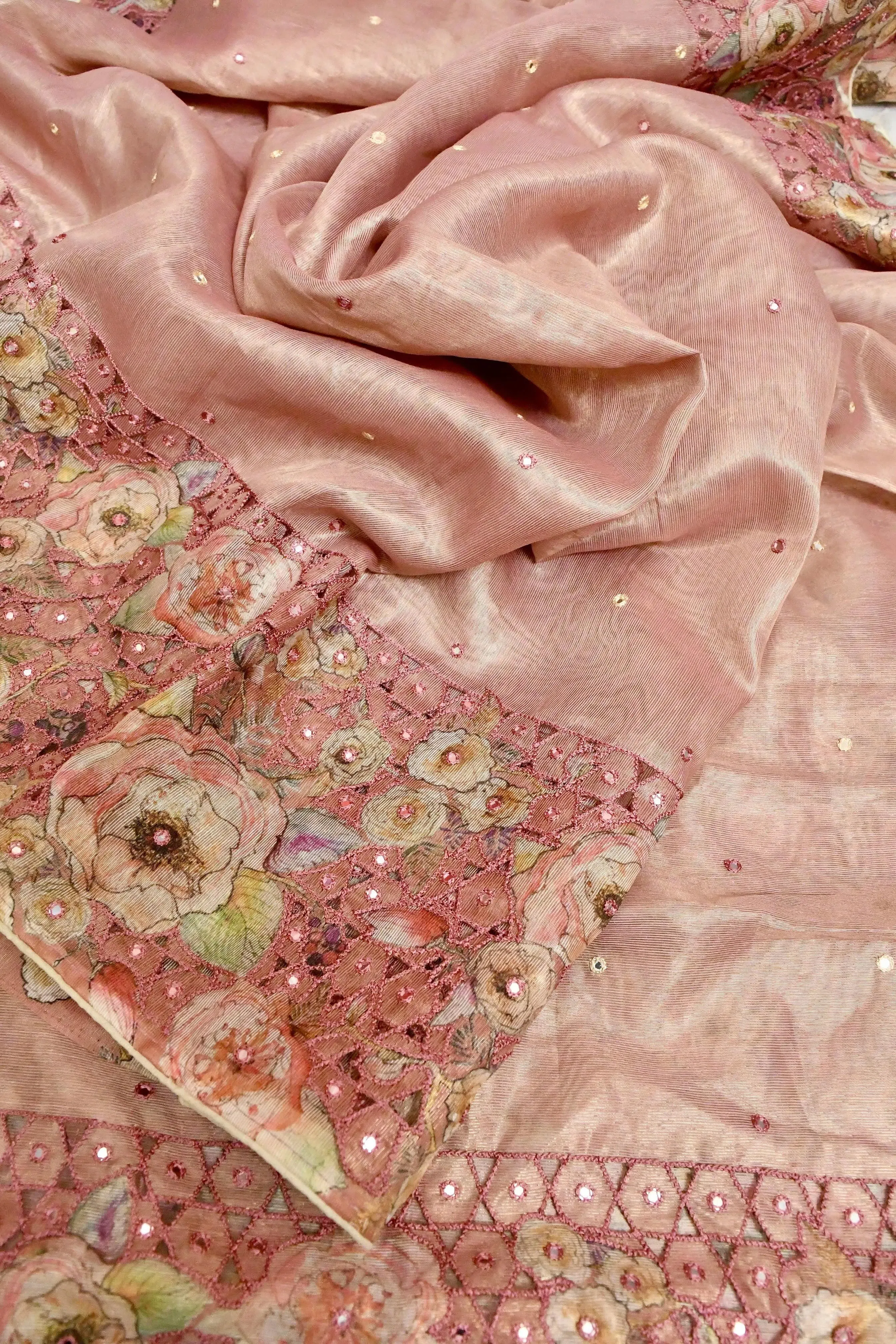 Light Copper Color Tissue Silk with Digital Print with Cut Work and Sequin Embroidery