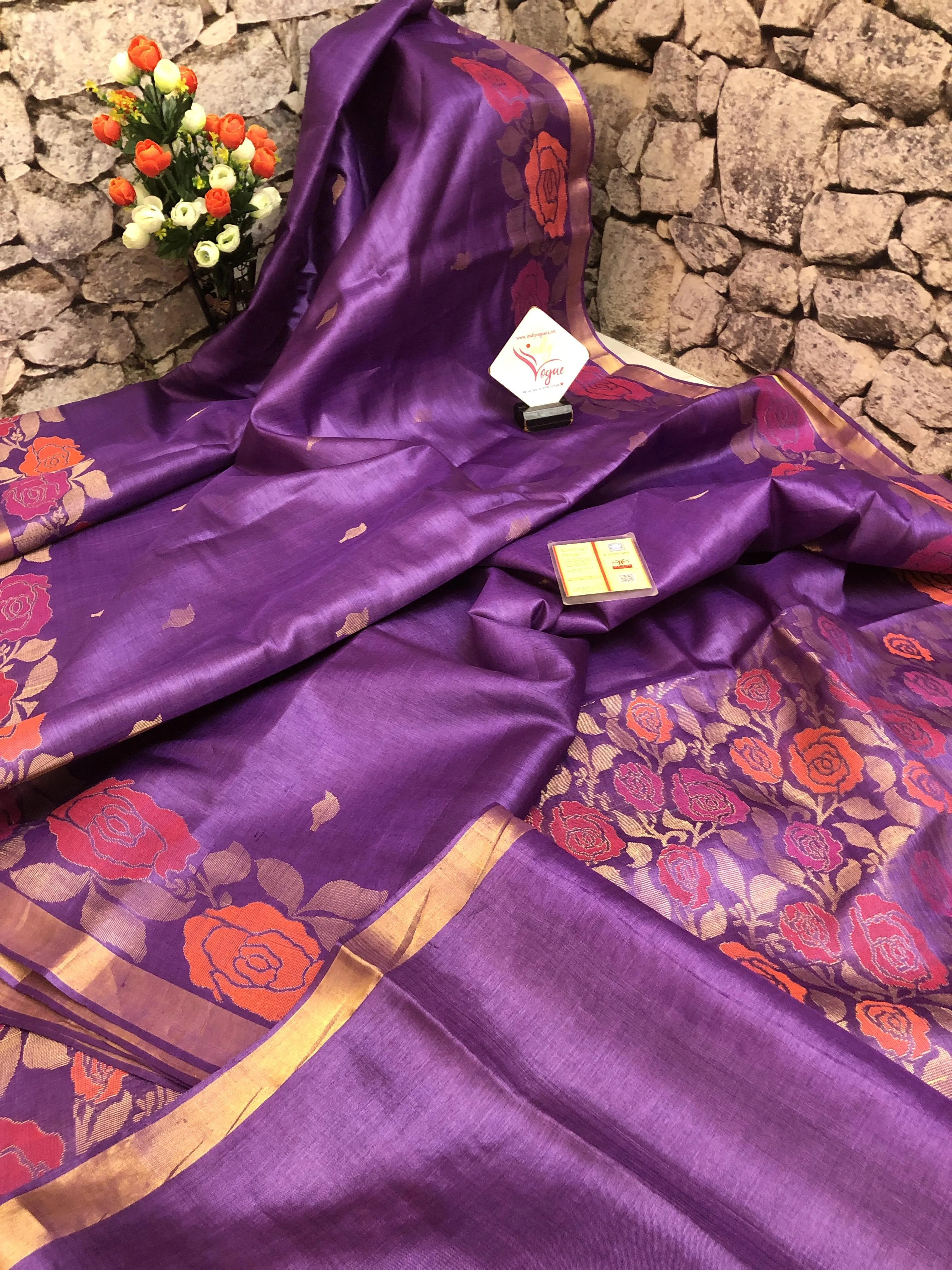 Light Purple Color Pure Tussar Silk Saree with Meenakari Border