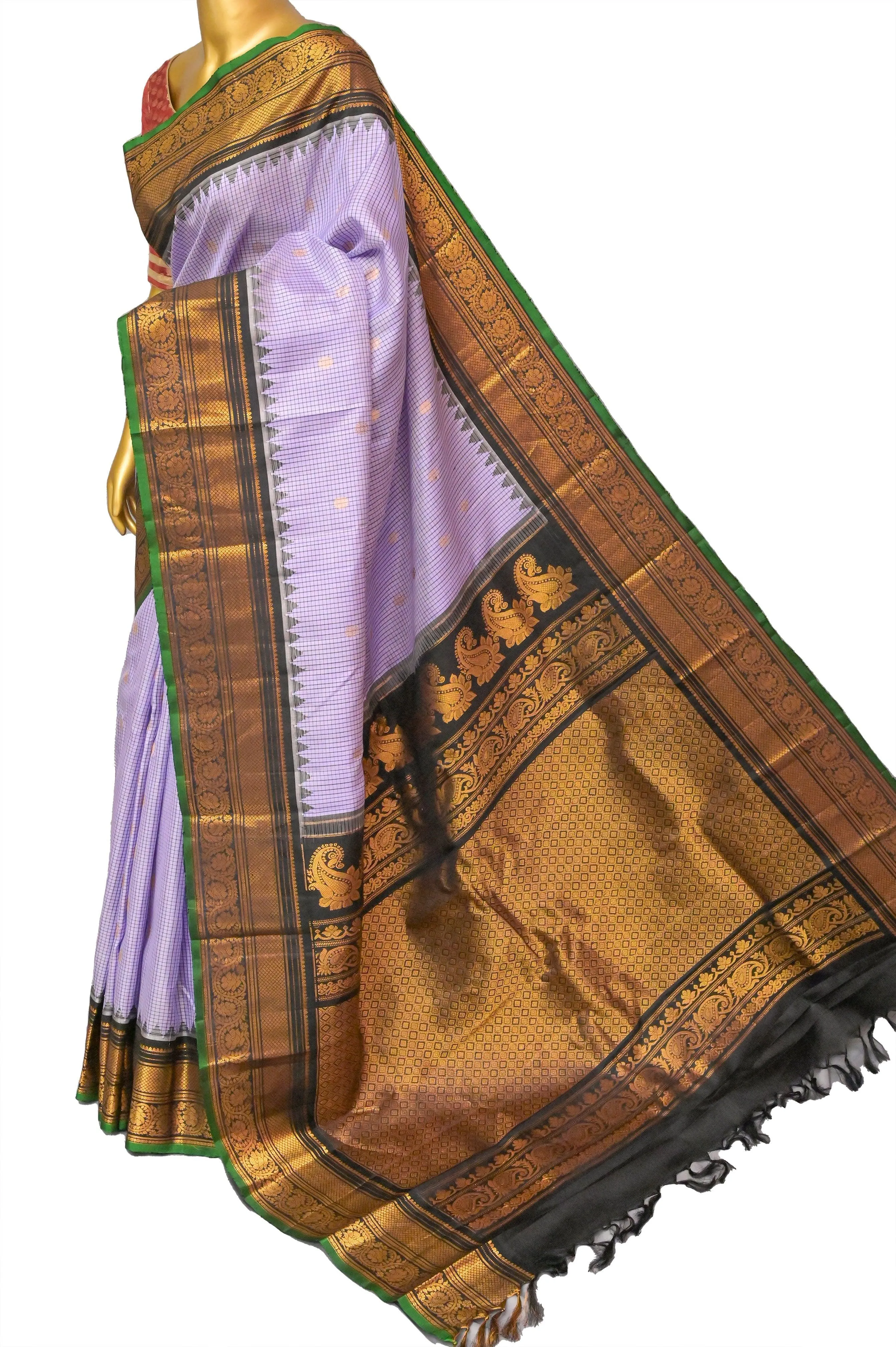 Lilac Color Gadwal Silk Saree with Check Body and Temple Border