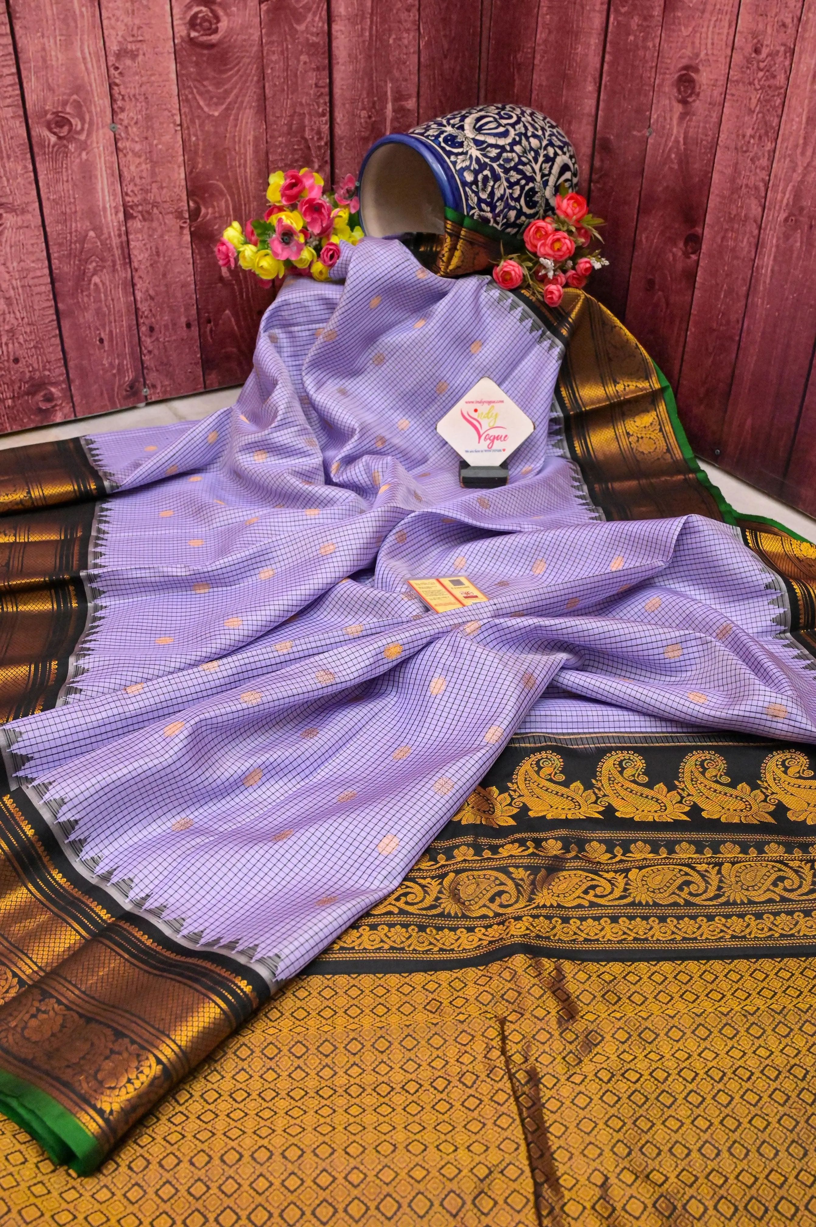 Lilac Color Gadwal Silk Saree with Check Body and Temple Border