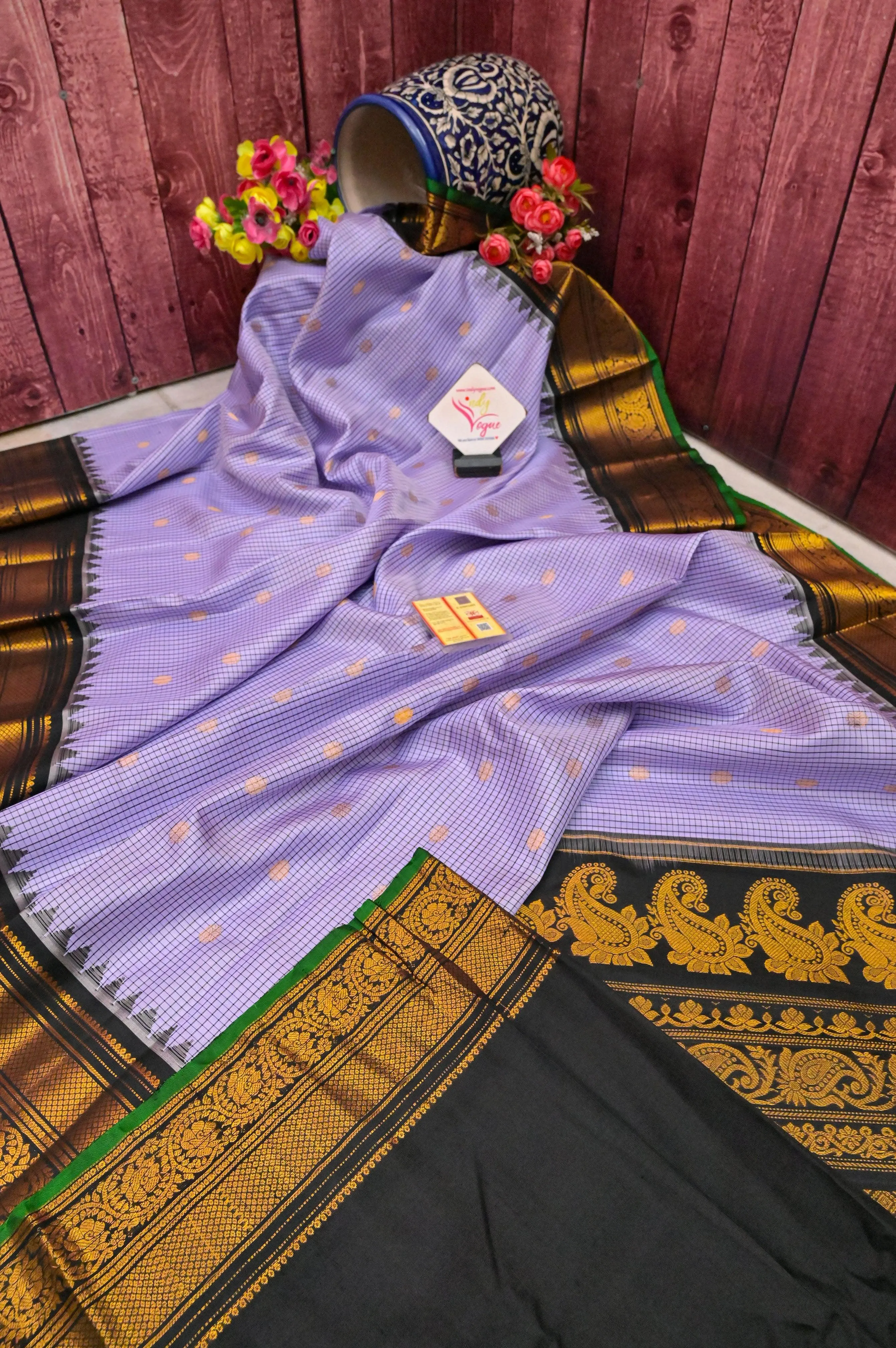 Lilac Color Gadwal Silk Saree with Check Body and Temple Border