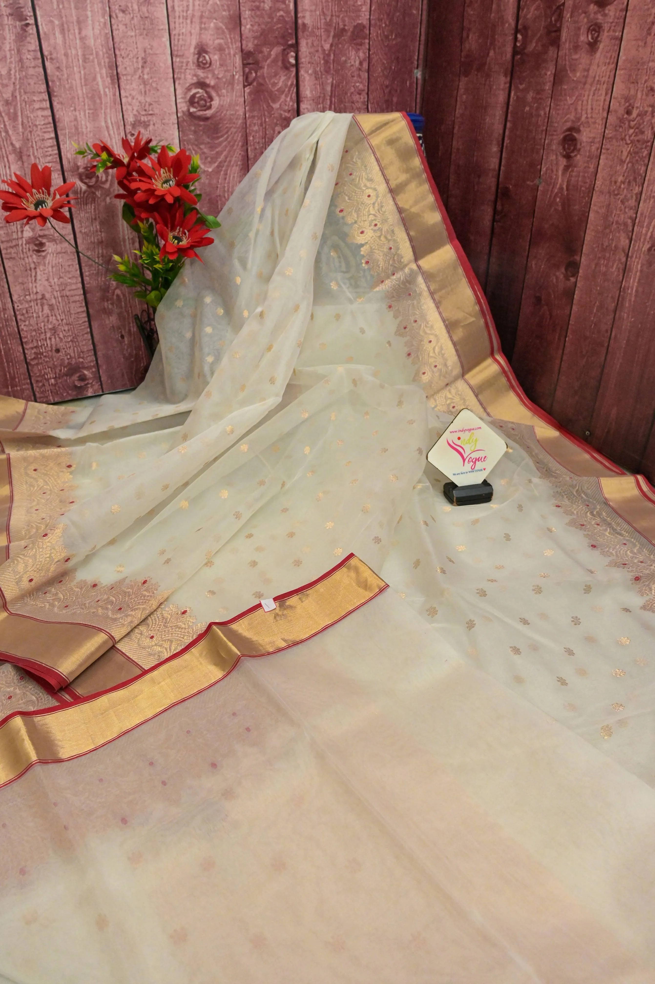 Lime White Color Pure Chanderi Silk Banarasi Saree