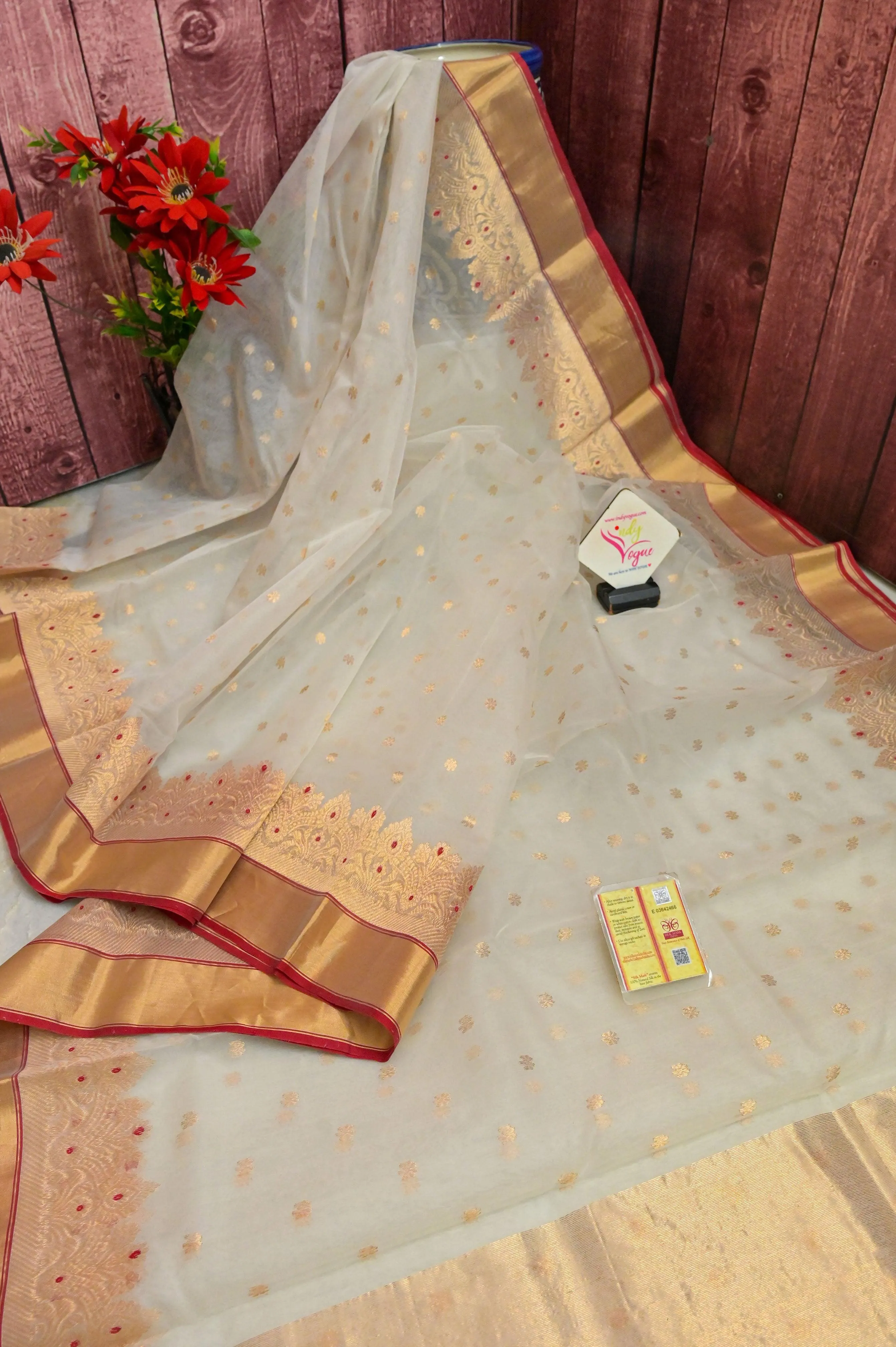 Lime White Color Pure Chanderi Silk Banarasi Saree