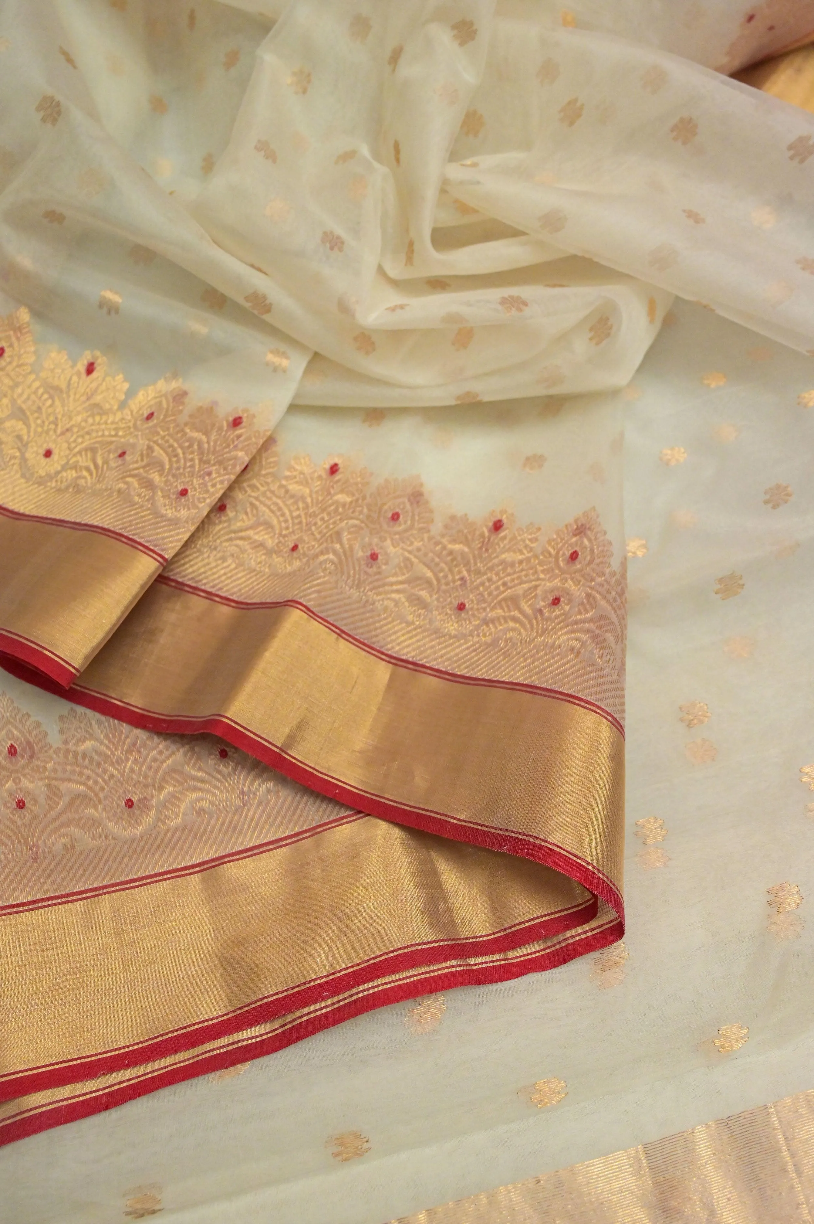 Lime White Color Pure Chanderi Silk Banarasi Saree