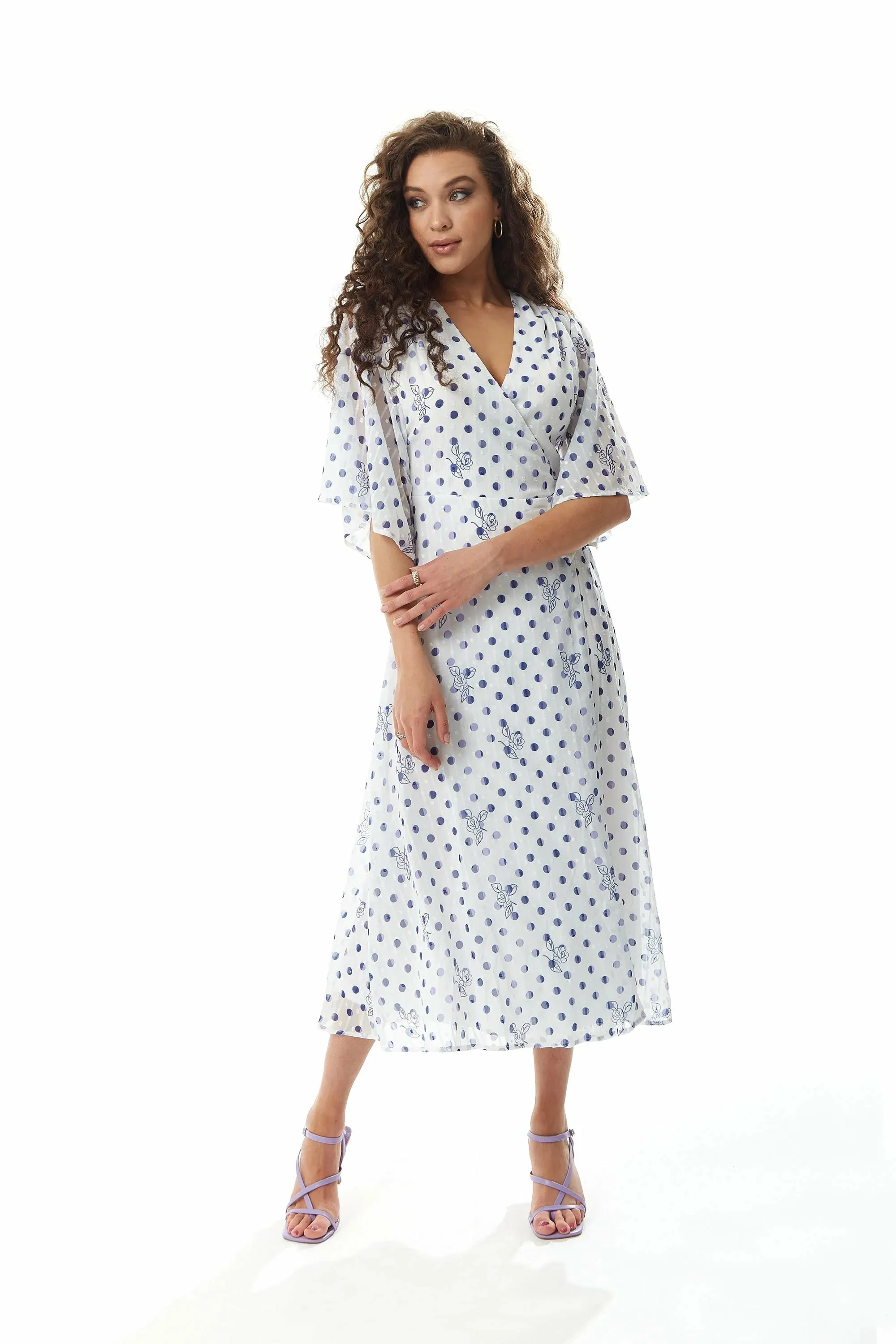 Liquorish Floral Polka Dot Print Midi Wrap Dress White