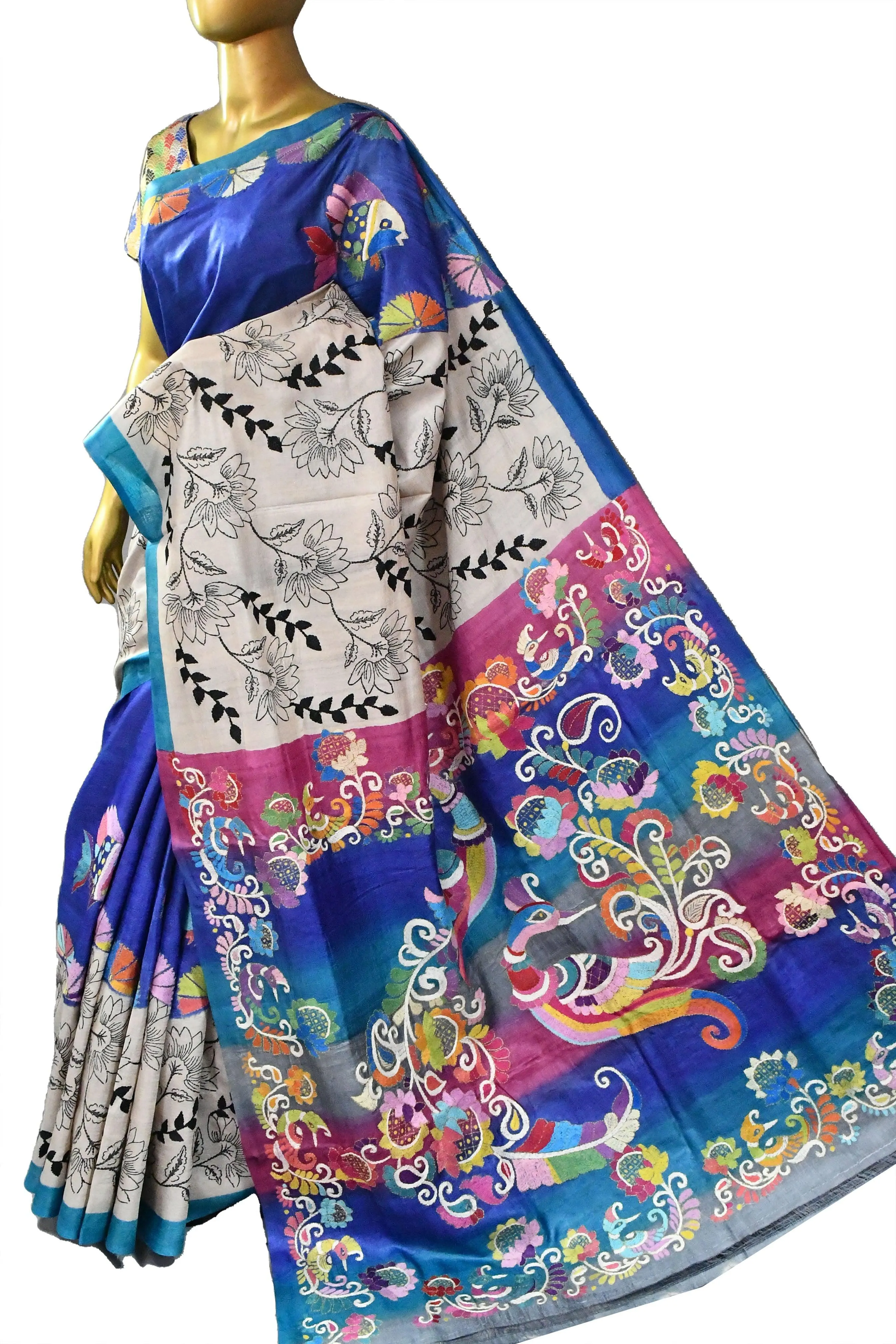 Midnight Blue and Multicolor Tussar Silk Saree with Kantha Embroidery Work