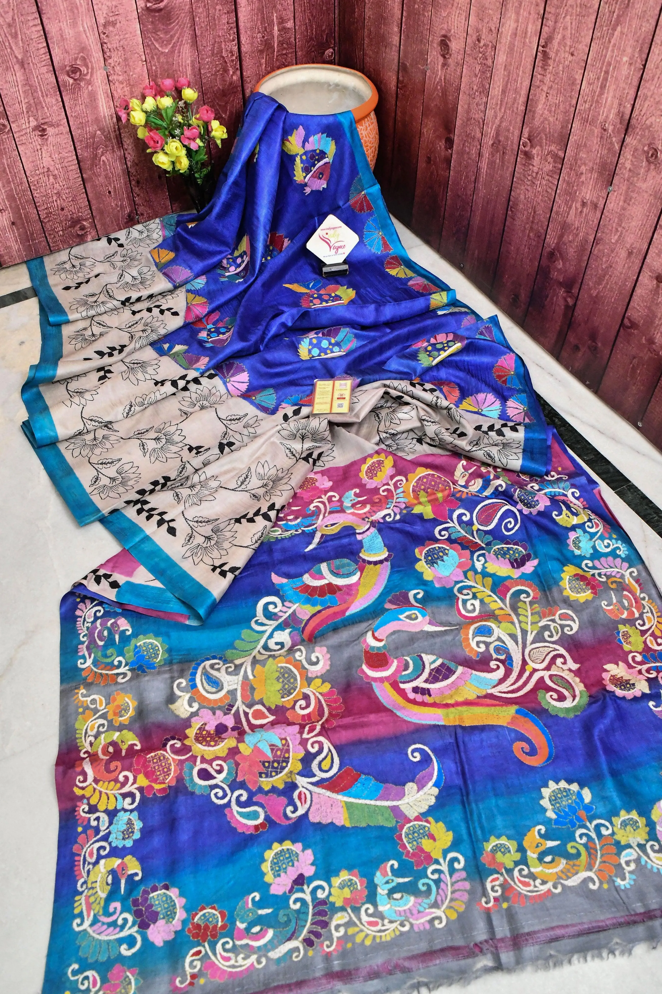 Midnight Blue and Multicolor Tussar Silk Saree with Kantha Embroidery Work