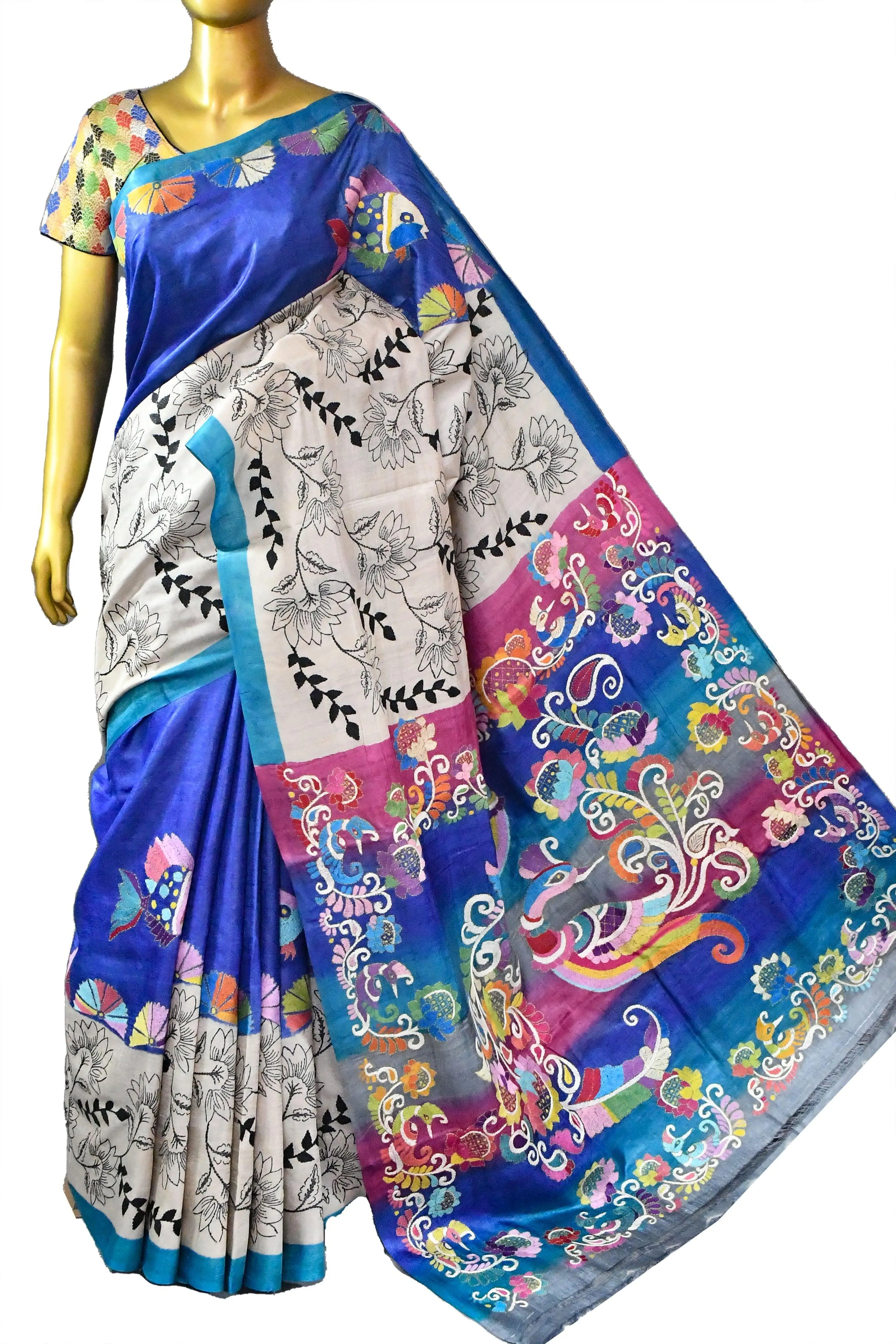 Midnight Blue and Multicolor Tussar Silk Saree with Kantha Embroidery Work