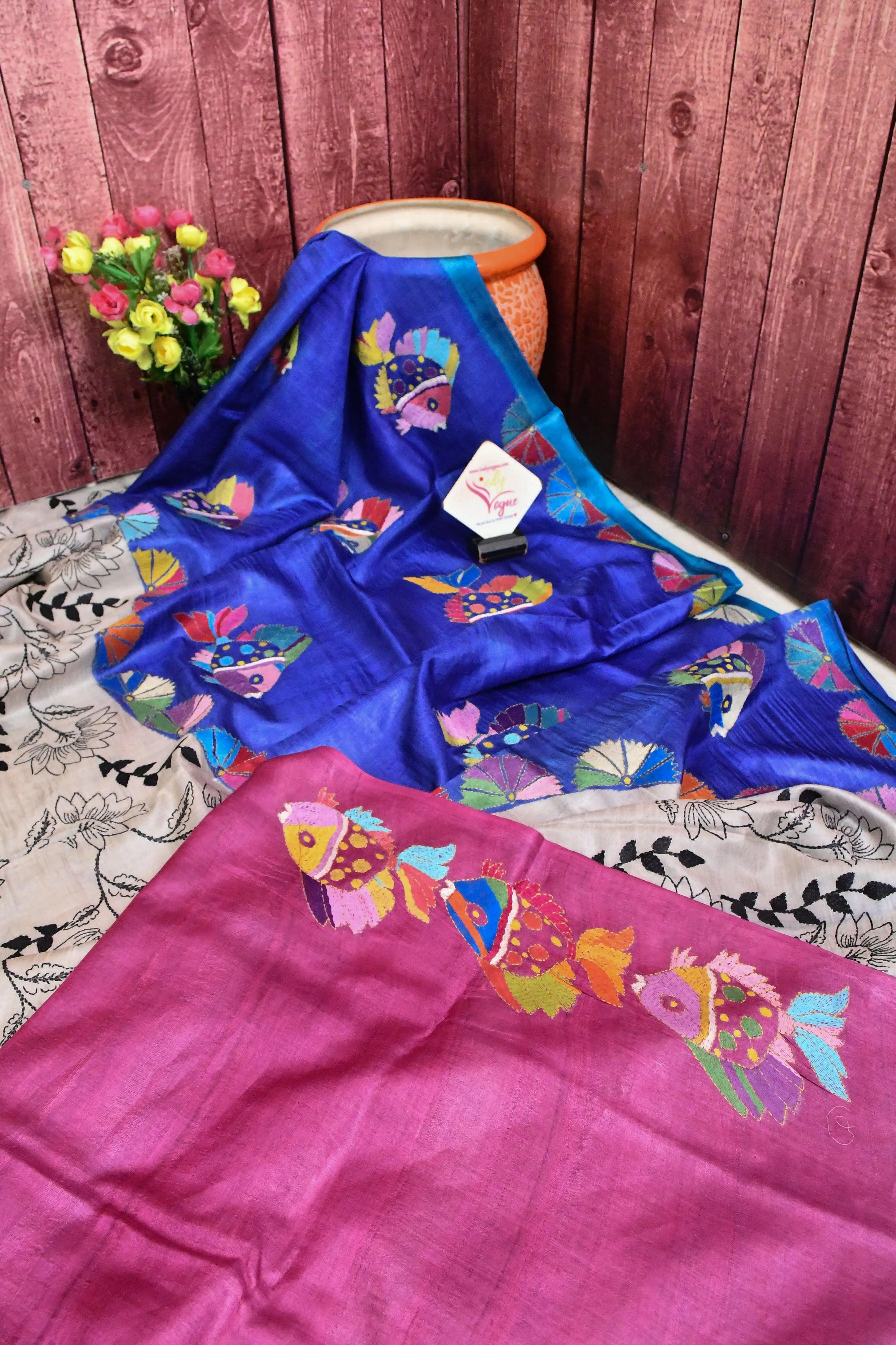 Midnight Blue and Multicolor Tussar Silk Saree with Kantha Embroidery Work