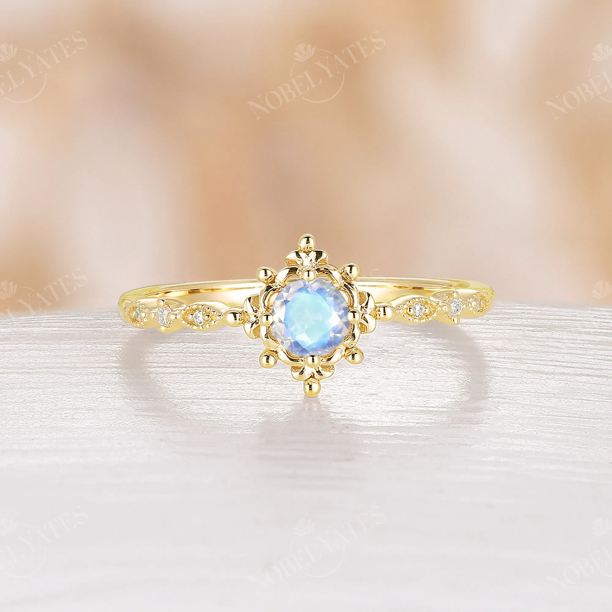 Moonstone & Diamond Milgrain Engagement Ring Rose Gold