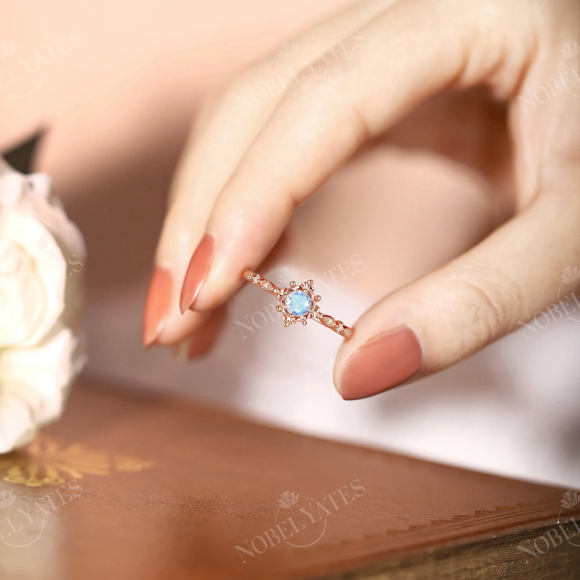 Moonstone & Diamond Milgrain Engagement Ring Rose Gold