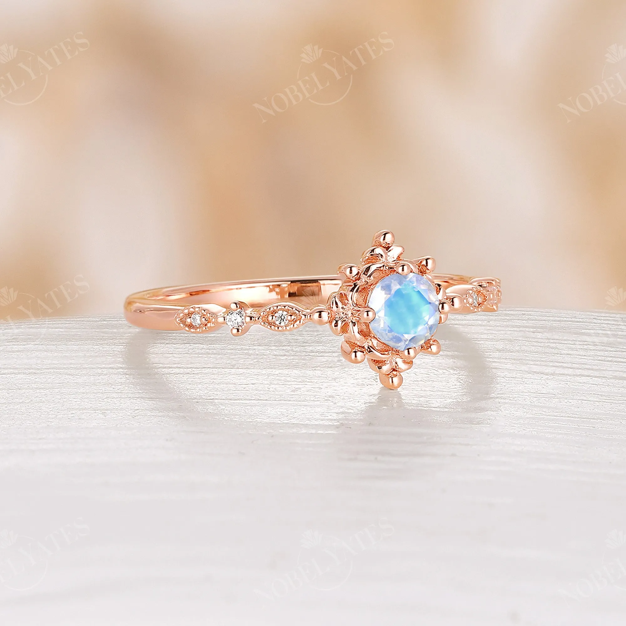 Moonstone & Diamond Milgrain Engagement Ring Rose Gold