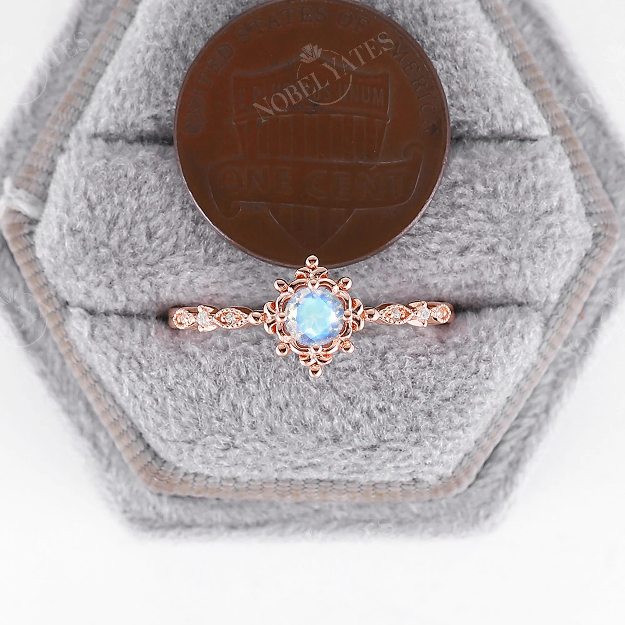 Moonstone & Diamond Milgrain Engagement Ring Rose Gold