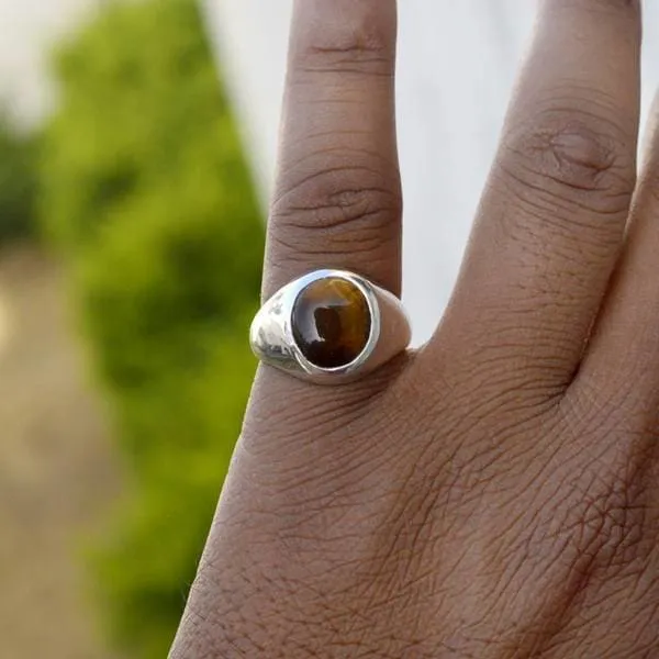 Natural Tiger Eye Gemstone 925 Sterling Silver Ring -Oval Bezel Set Men's Gift Ring, Tiger Eye Gemstone Jewelry, Nickel Free Ring