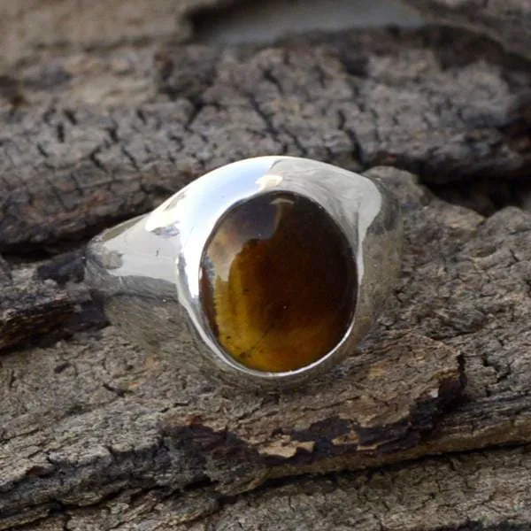 Natural Tiger Eye Gemstone 925 Sterling Silver Ring -Oval Bezel Set Men's Gift Ring, Tiger Eye Gemstone Jewelry, Nickel Free Ring