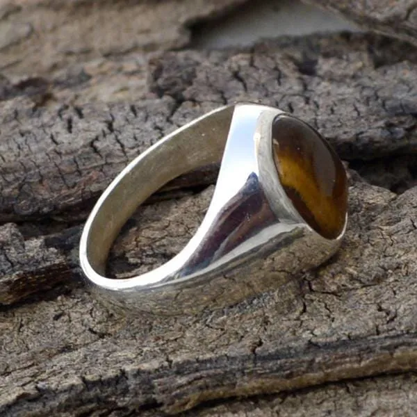 Natural Tiger Eye Gemstone 925 Sterling Silver Ring -Oval Bezel Set Men's Gift Ring, Tiger Eye Gemstone Jewelry, Nickel Free Ring