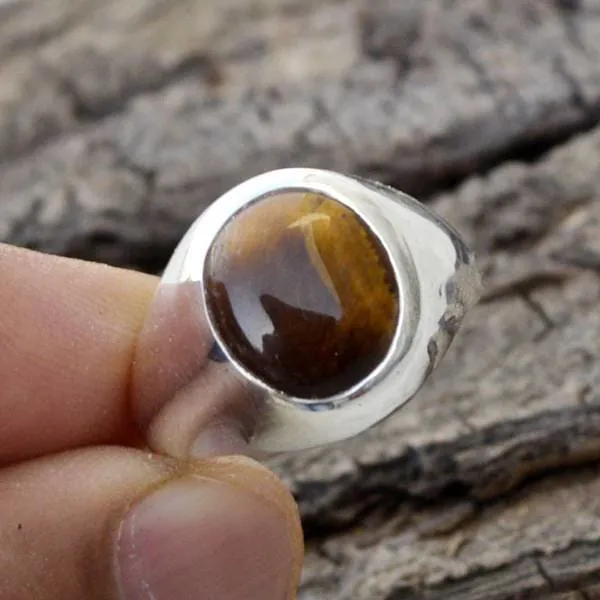 Natural Tiger Eye Gemstone 925 Sterling Silver Ring -Oval Bezel Set Men's Gift Ring, Tiger Eye Gemstone Jewelry, Nickel Free Ring