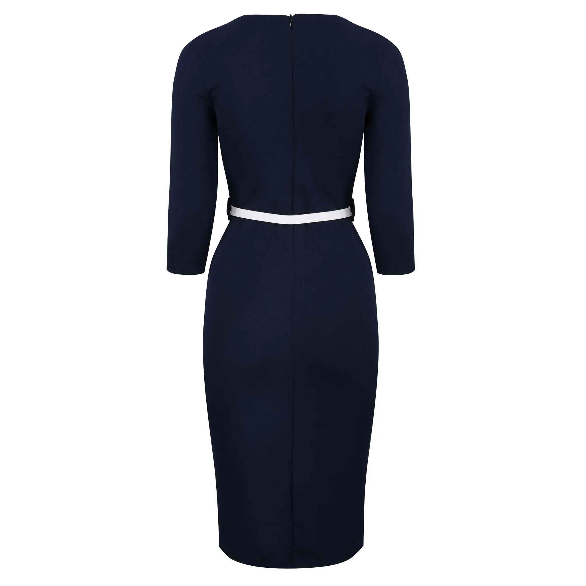 Navy Blue V Neck Wrap Effect 3/4 Sleeve Midi Pencil Dress