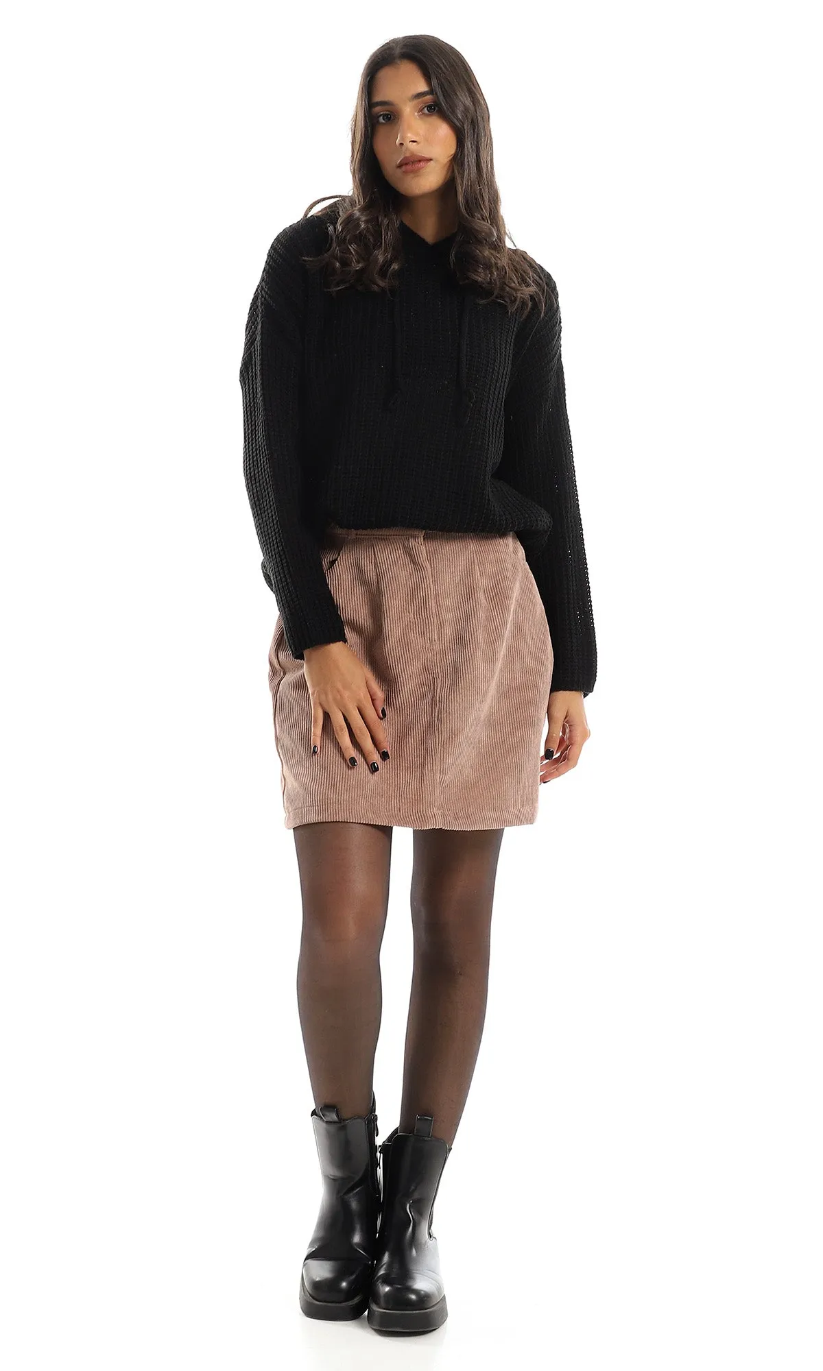 O155937 Side Pockets Corduroy Coffee Skirt