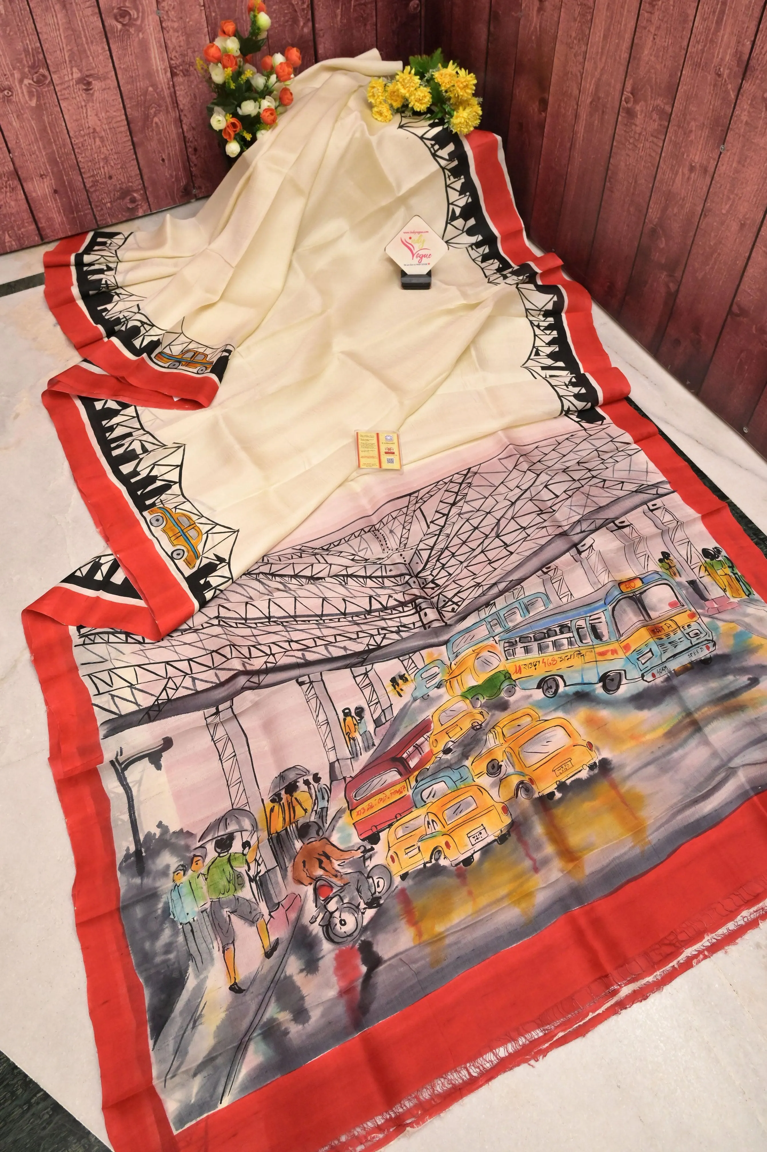 Off-White Color Bishnupur Katan Silk Saree with Kolkata Theme Hand Painted Work