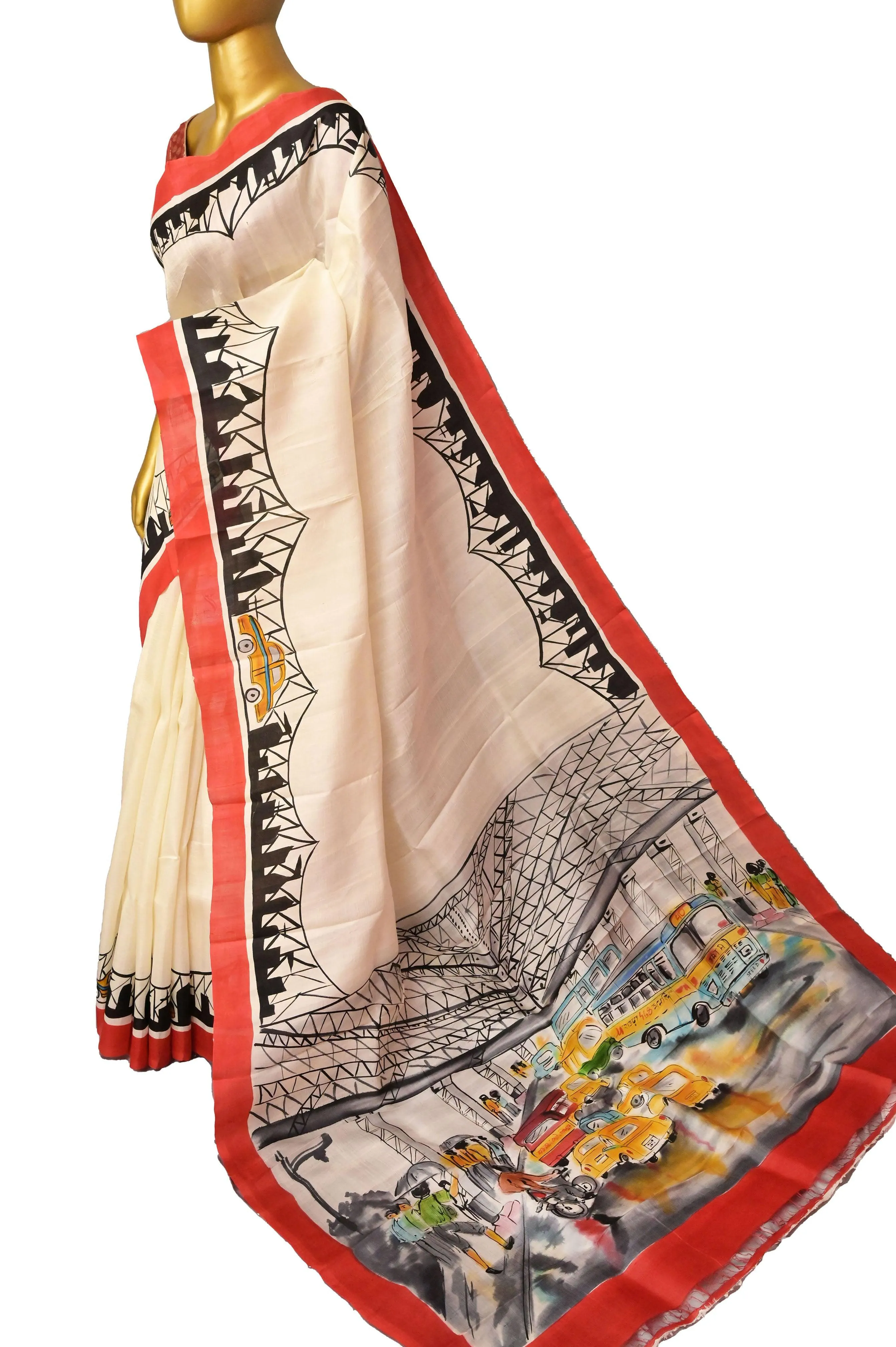 Off-White Color Bishnupur Katan Silk Saree with Kolkata Theme Hand Painted Work