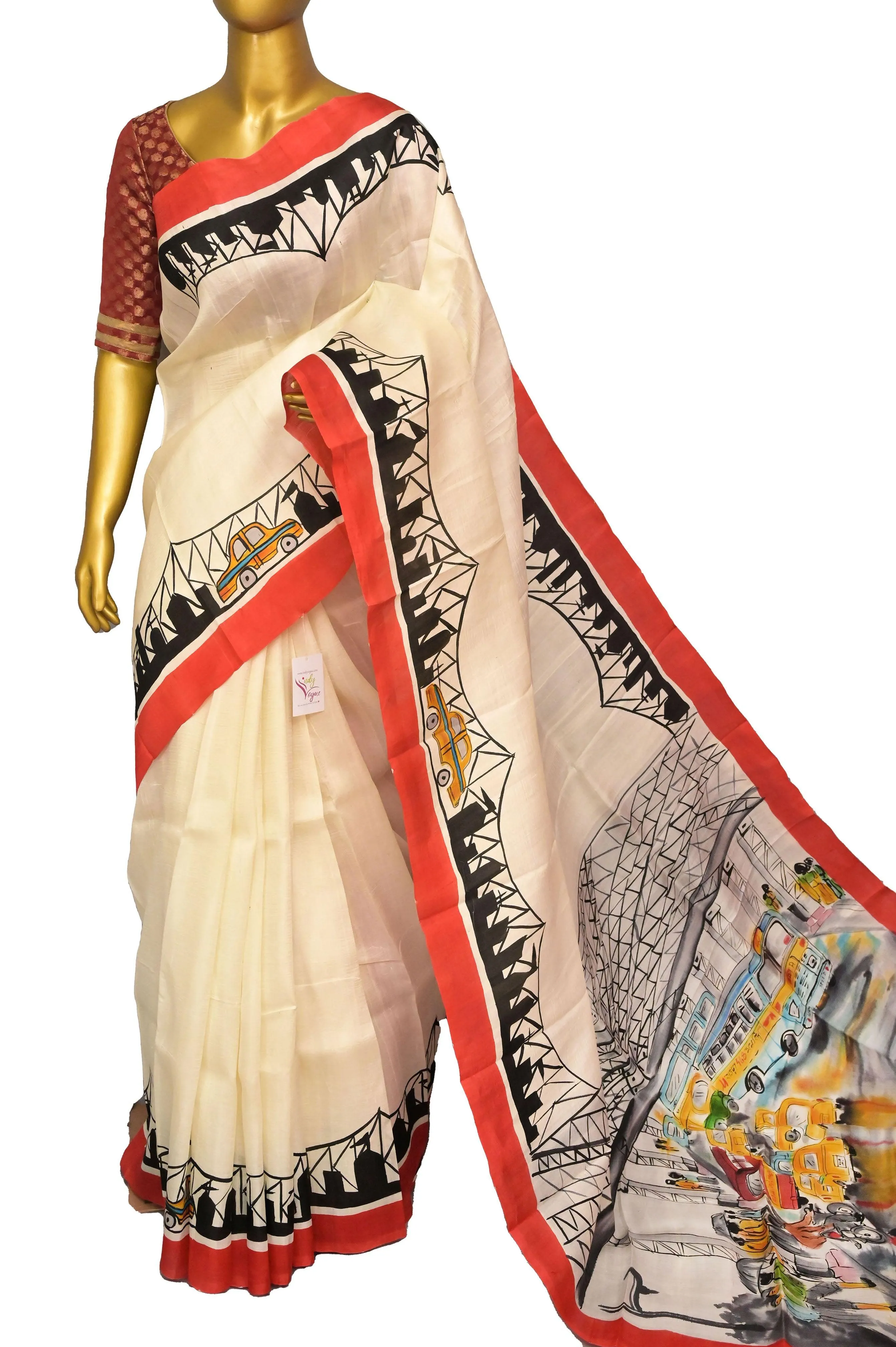 Off-White Color Bishnupur Katan Silk Saree with Kolkata Theme Hand Painted Work