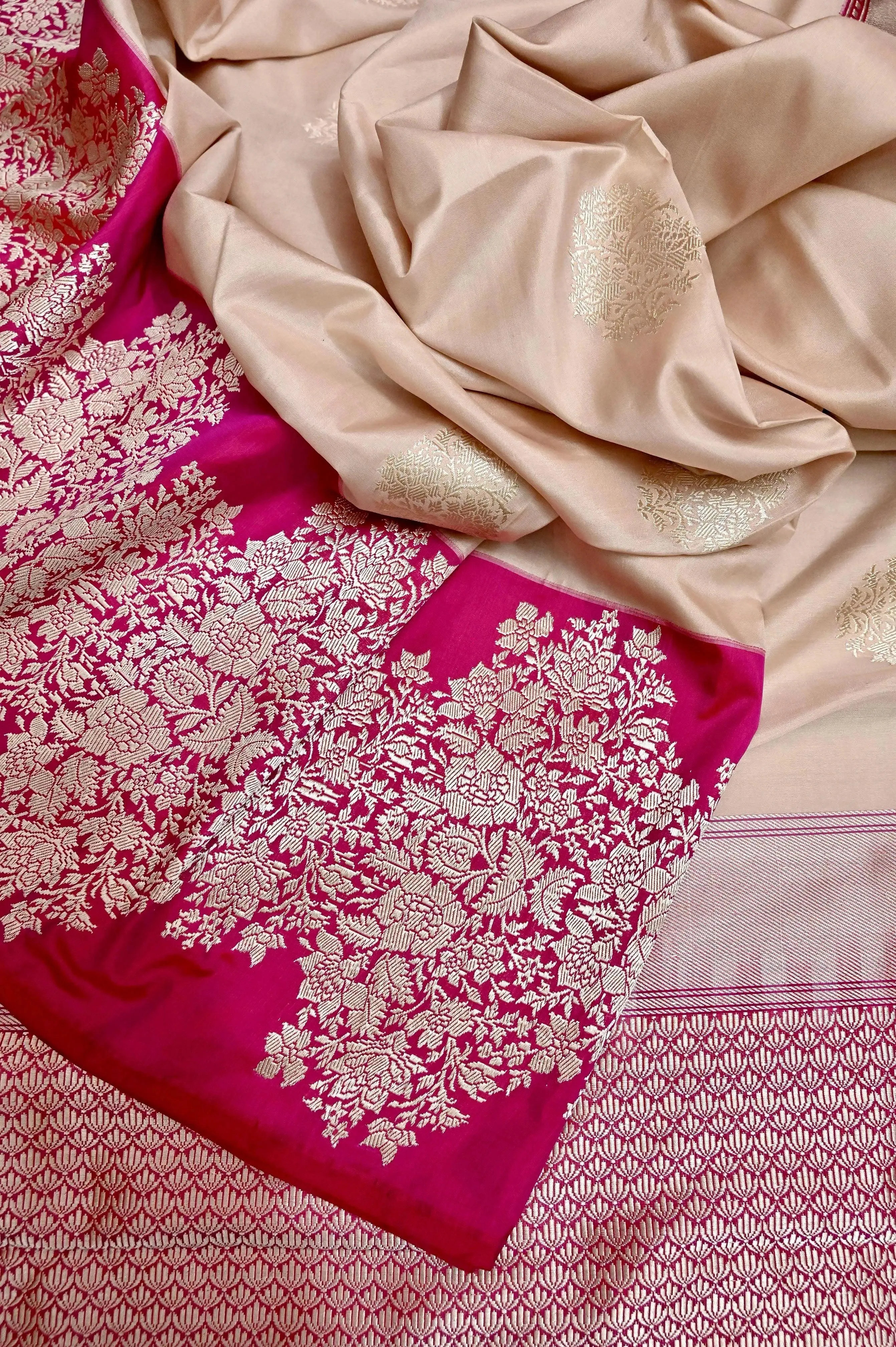 Offwhite and Magenta Color Katan Banarasi Saree with Silver Zari Work