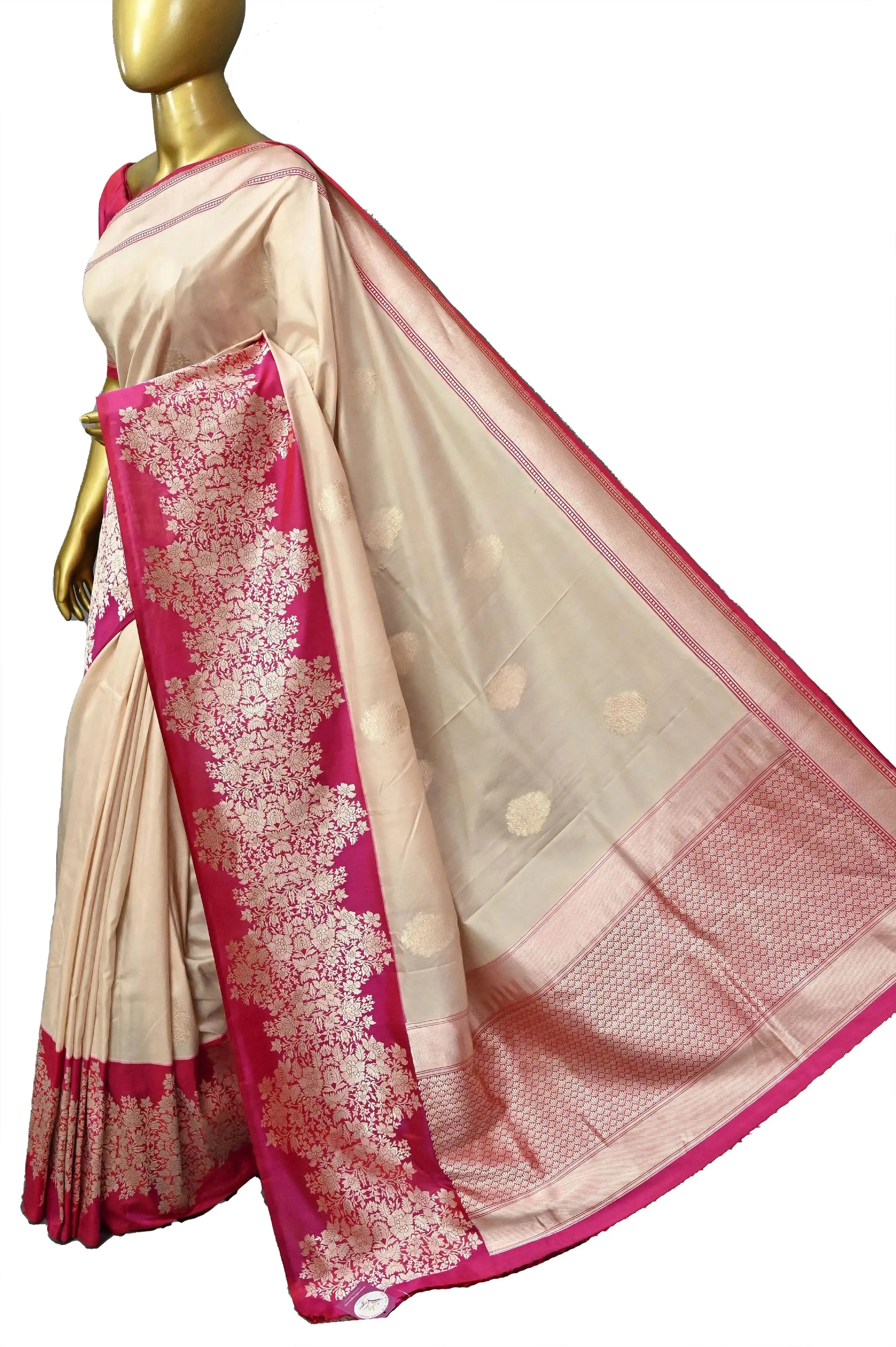 Offwhite and Magenta Color Katan Banarasi Saree with Silver Zari Work