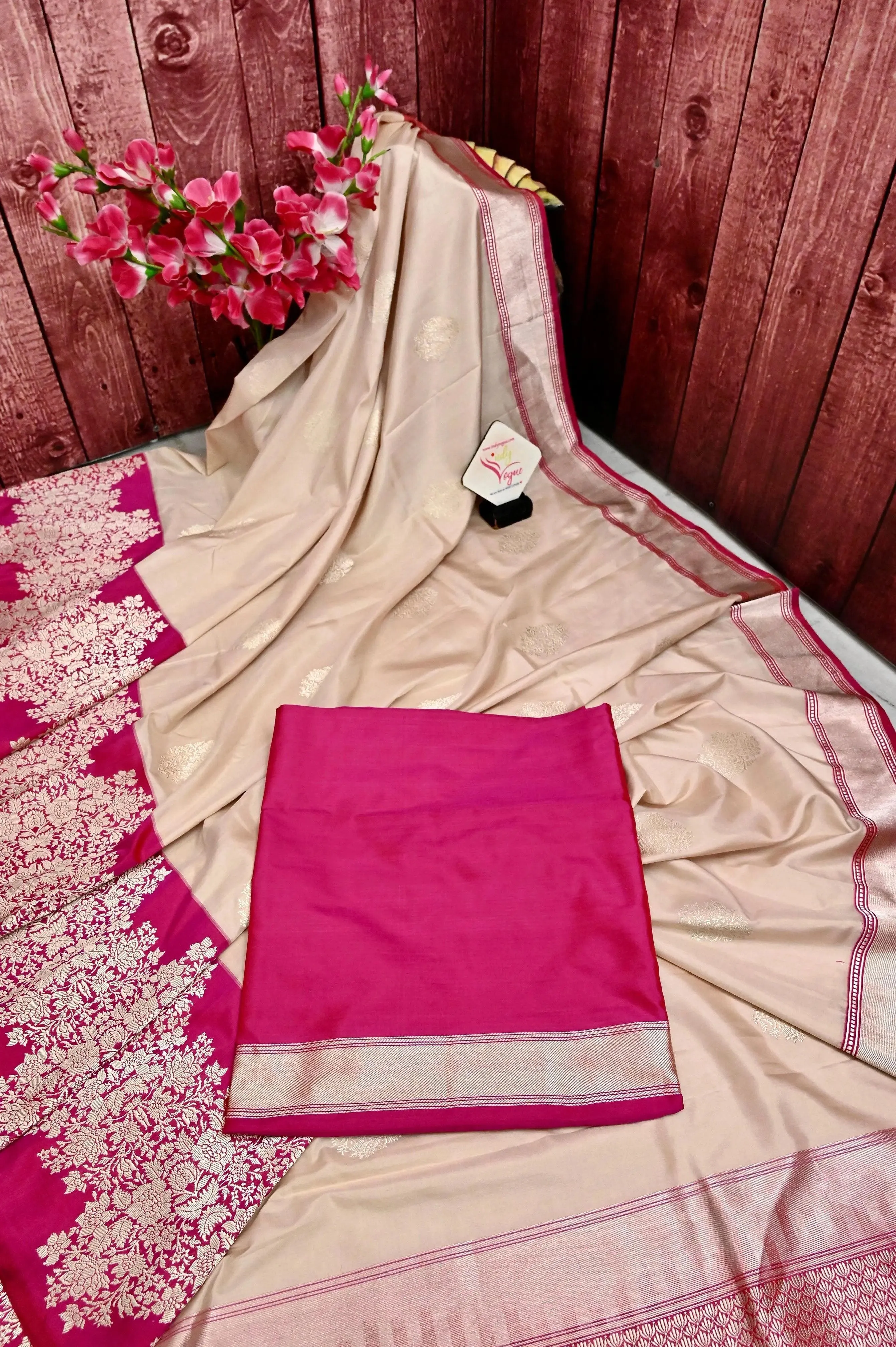 Offwhite and Magenta Color Katan Banarasi Saree with Silver Zari Work