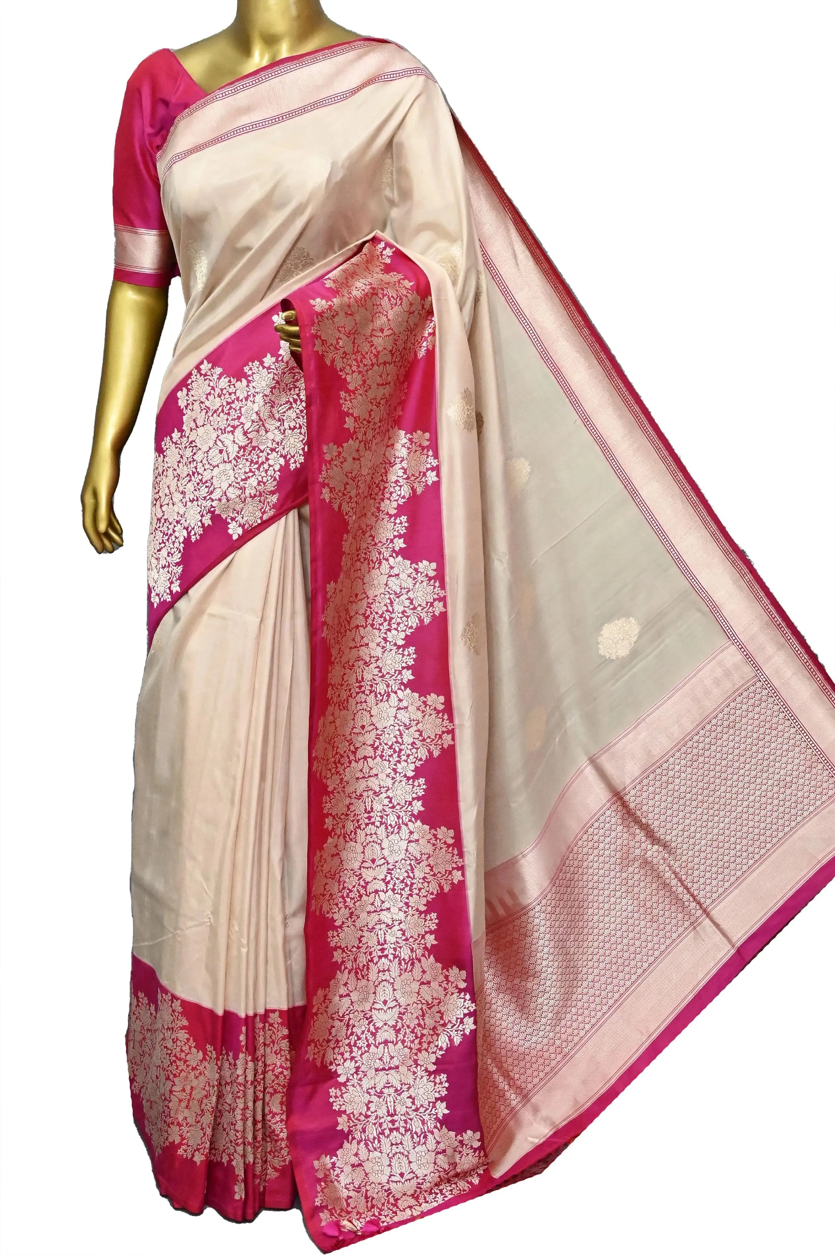 Offwhite and Magenta Color Katan Banarasi Saree with Silver Zari Work