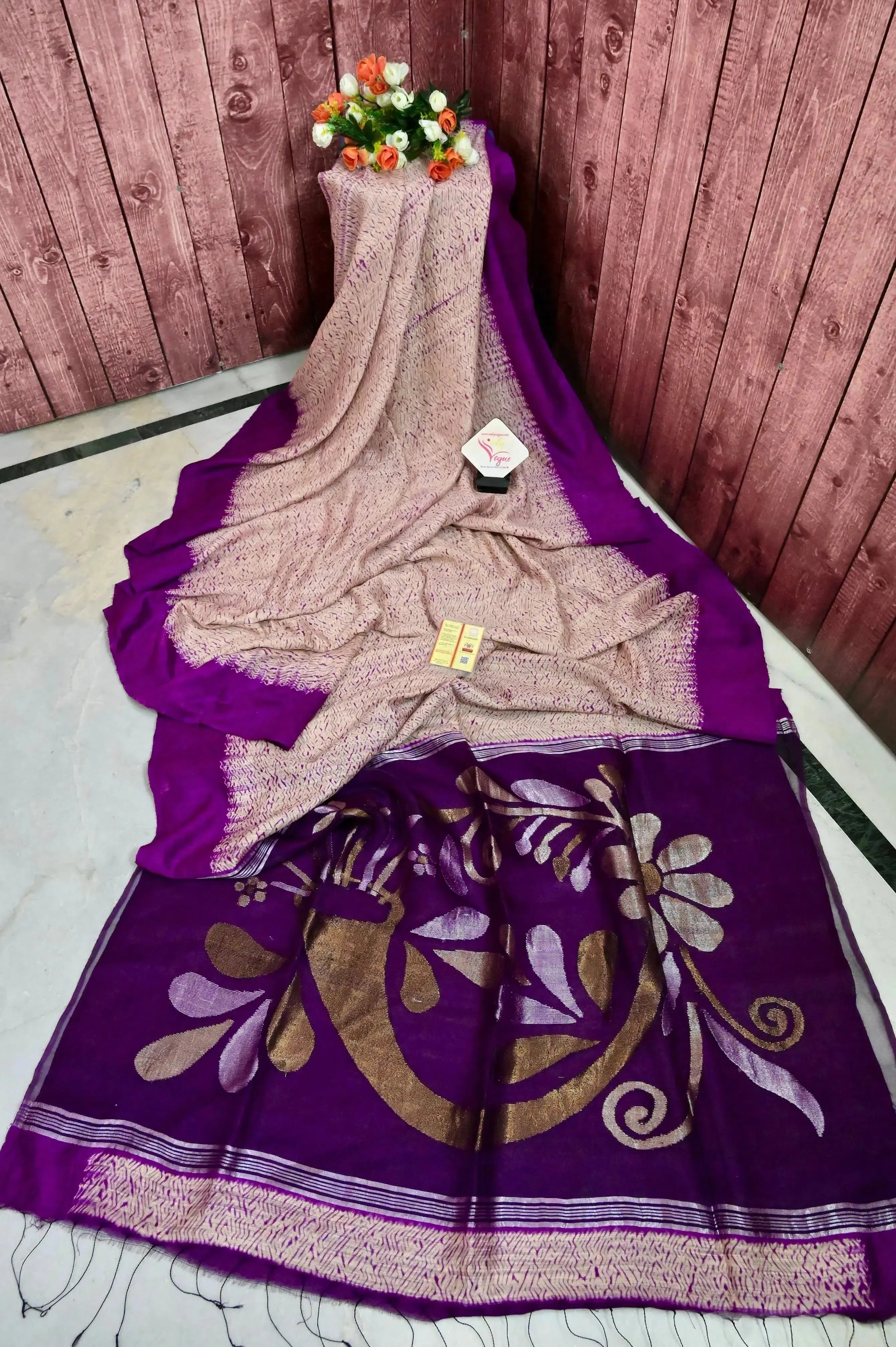 Offwhite and Purple Color Matka Saree with Shibori Dye and Muslin Jamdani Pallu