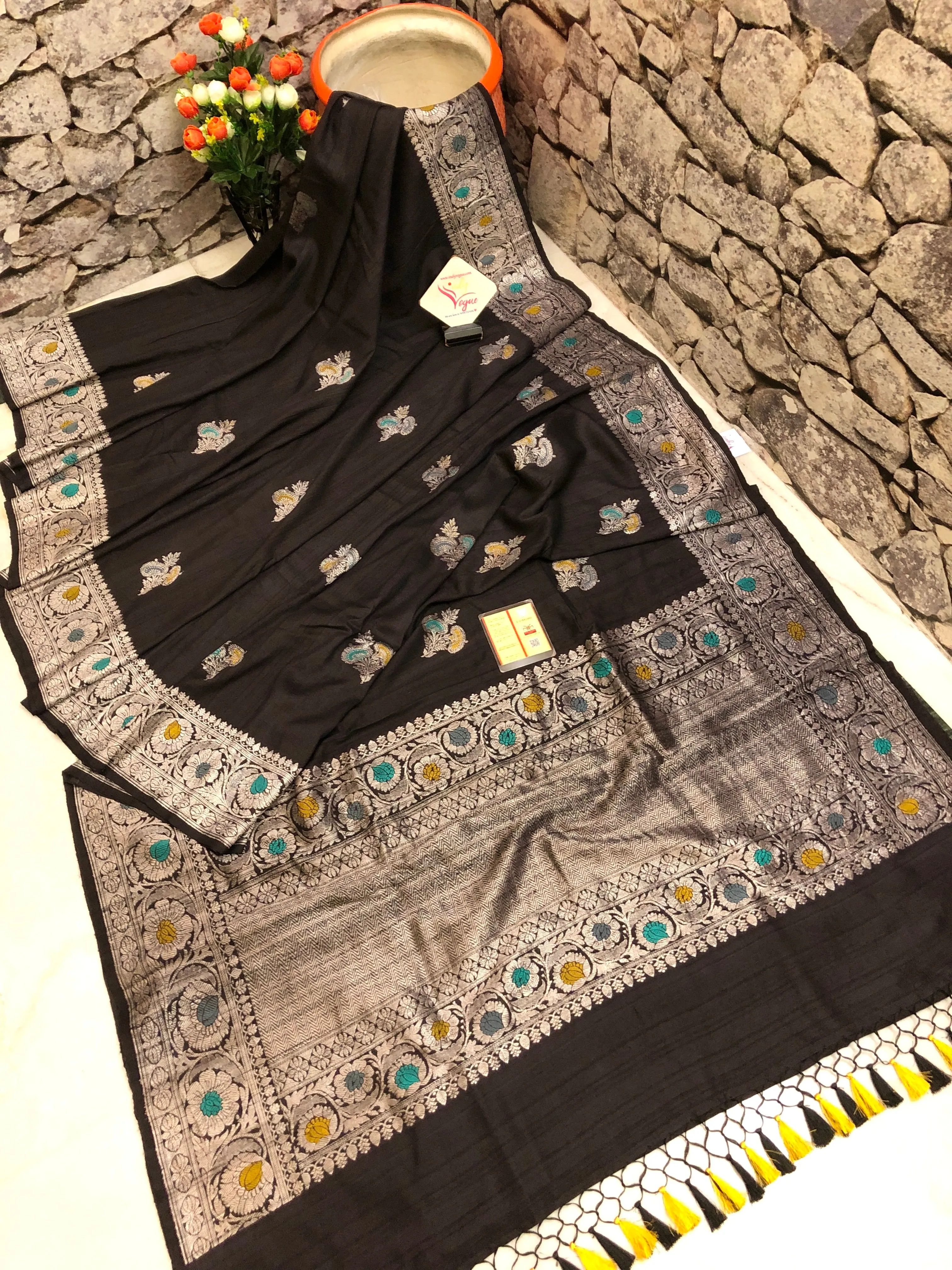 Onyx Black Color Tussar Georgette Banarasi with Silver Zari and Meenakari Work