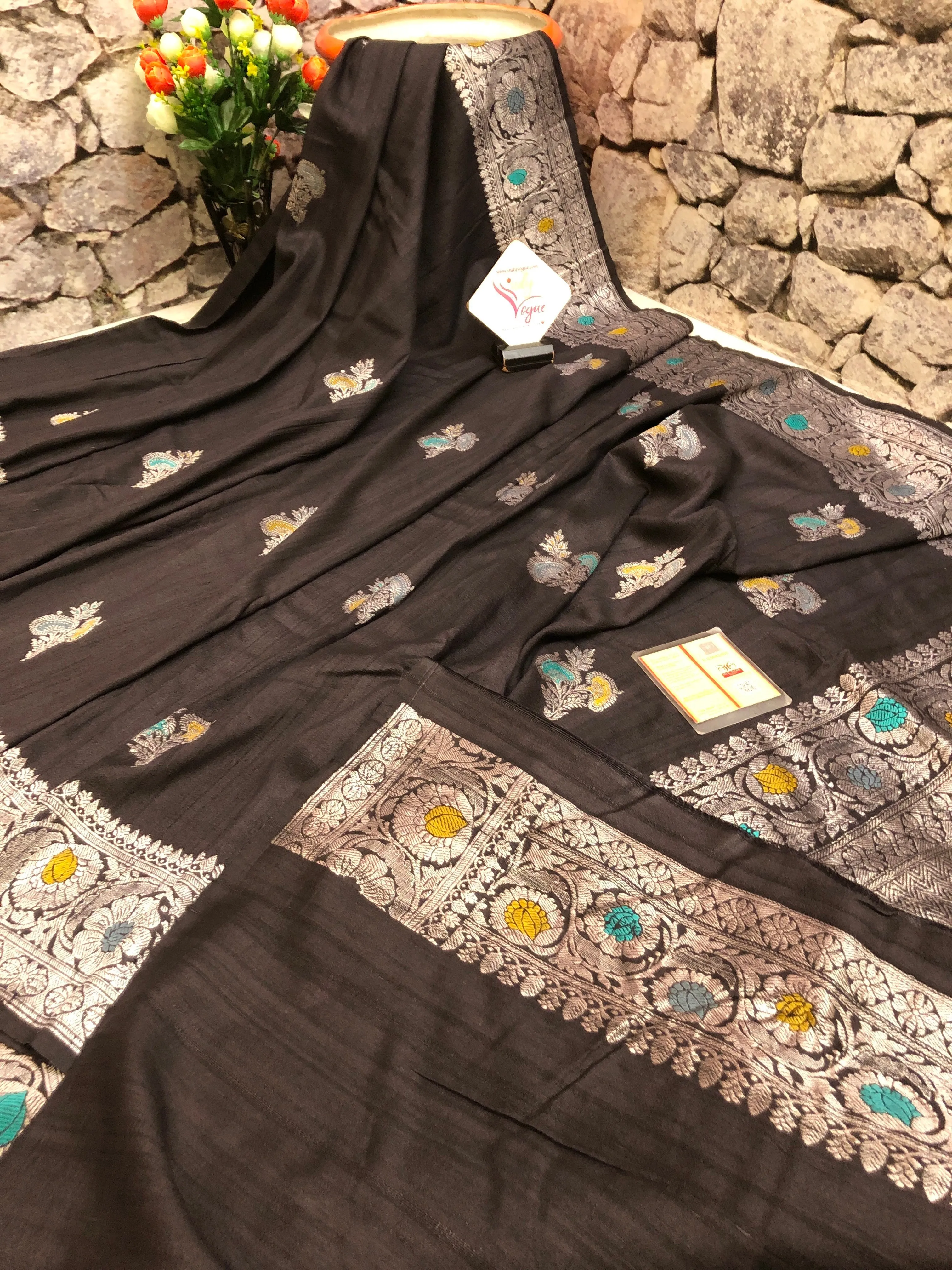 Onyx Black Color Tussar Georgette Banarasi with Silver Zari and Meenakari Work