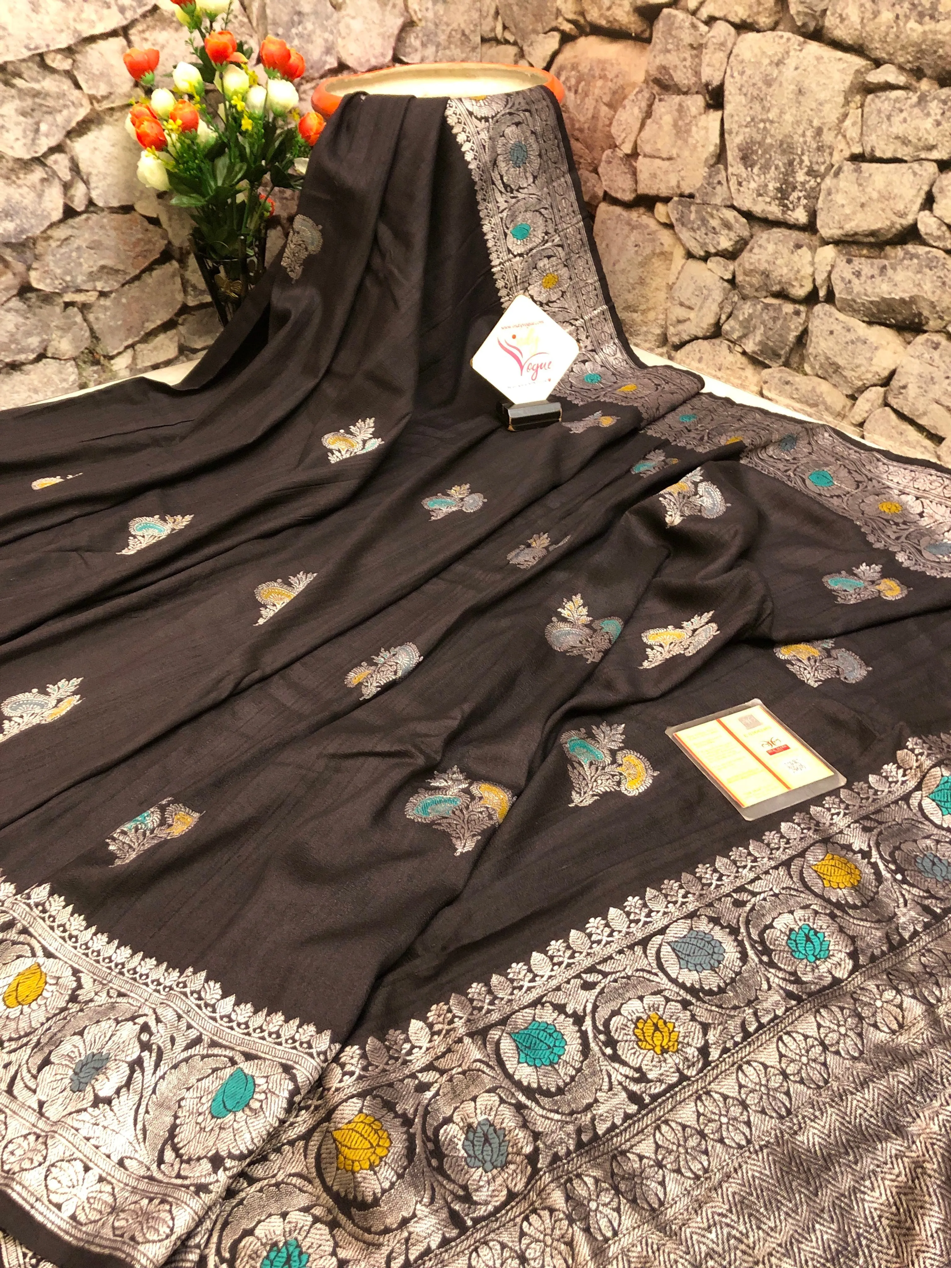 Onyx Black Color Tussar Georgette Banarasi with Silver Zari and Meenakari Work