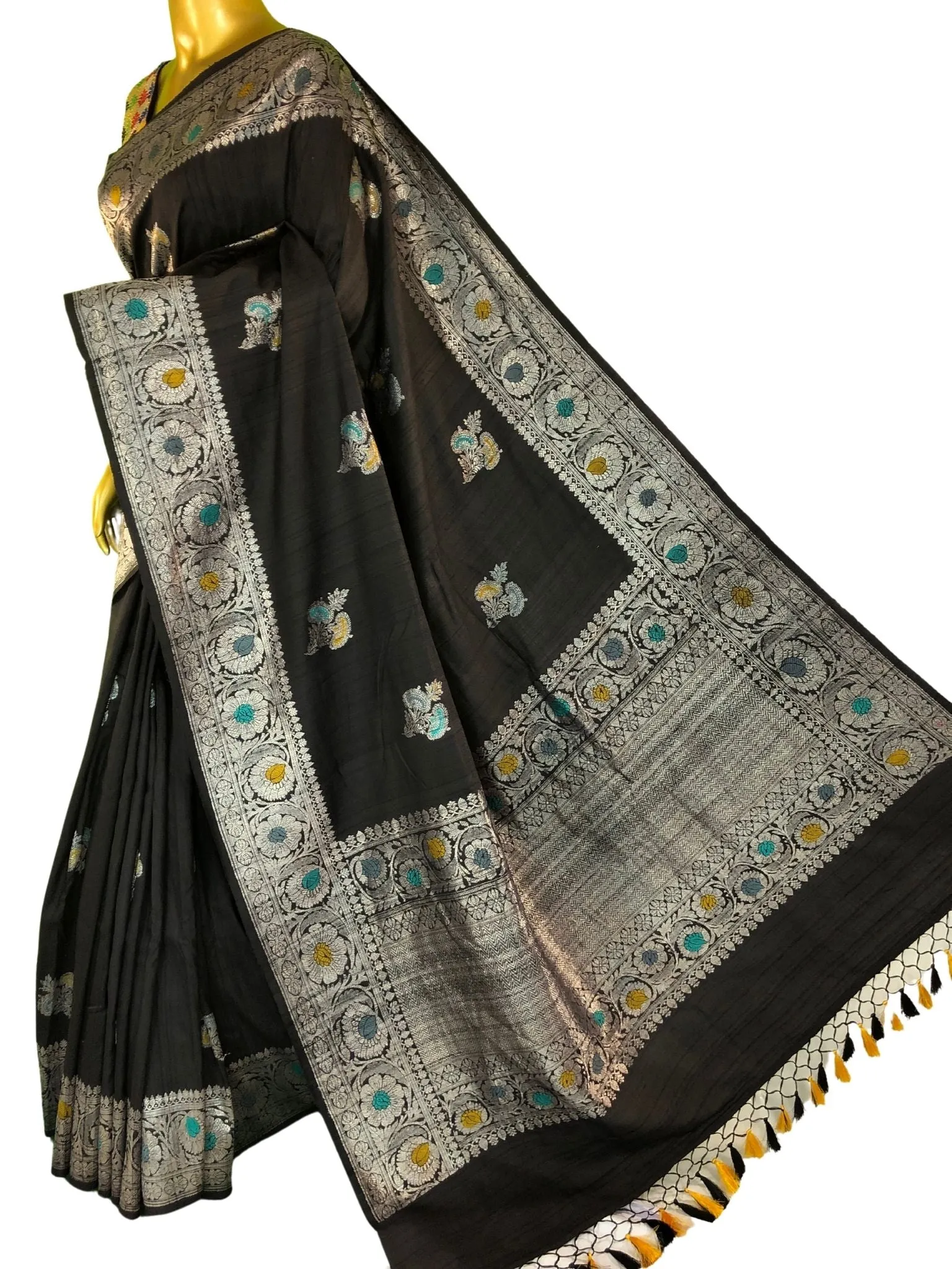 Onyx Black Color Tussar Georgette Banarasi with Silver Zari and Meenakari Work